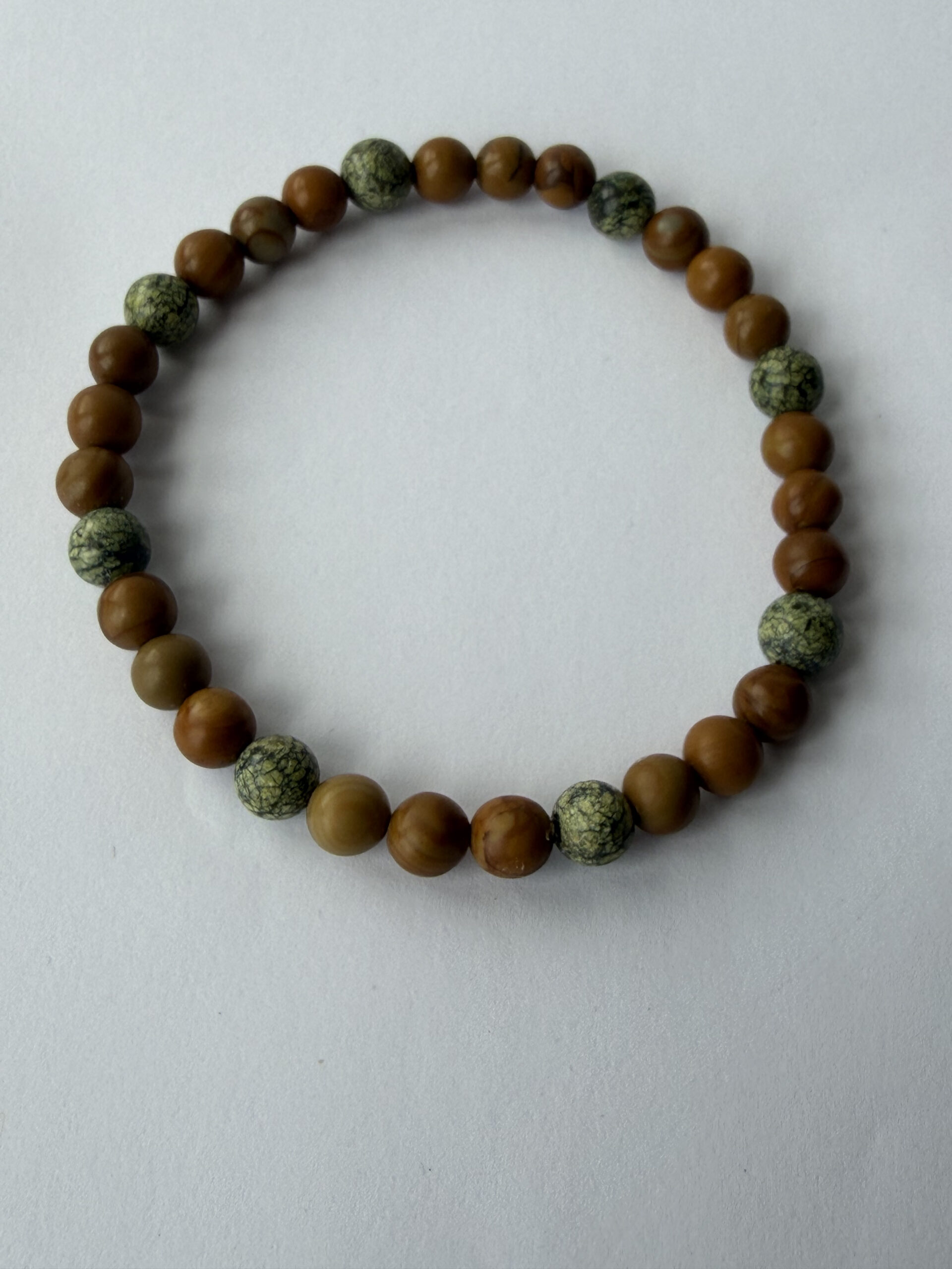 Wood Jasper and Serpentine Beaded Stretch Bracelet for Men, 6 mm Natural Stone — view 2