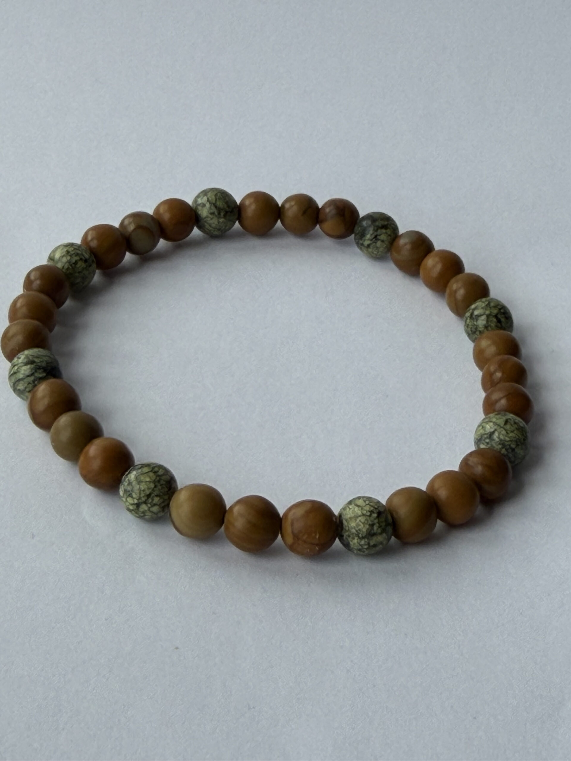 Wood Jasper and Serpentine Beaded Stretch Bracelet for Men, 6 mm Natural Stone — view 3