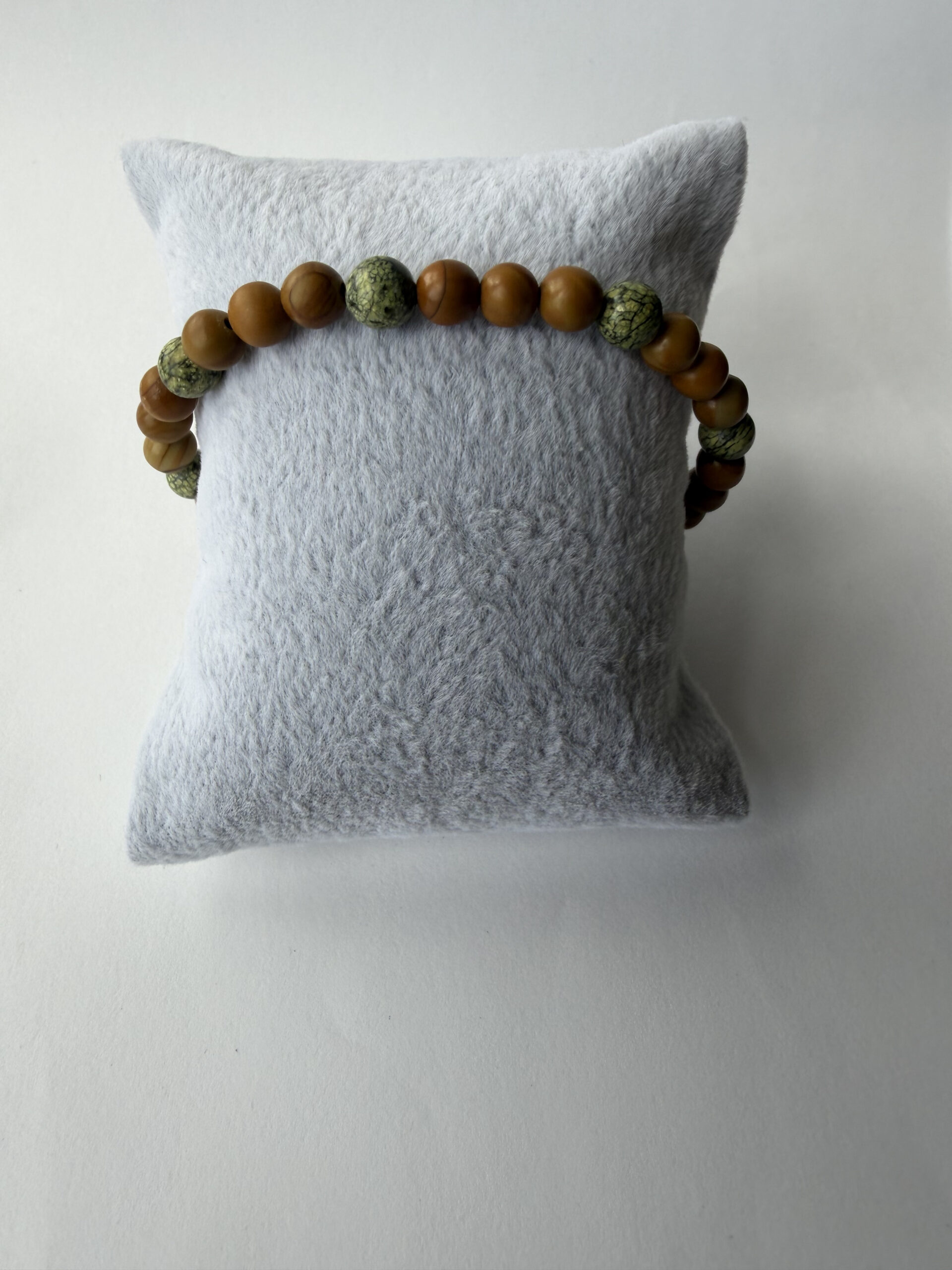 Wood Jasper and Serpentine Beaded Stretch Bracelet for Men, 6 mm Natural Stone — view 5