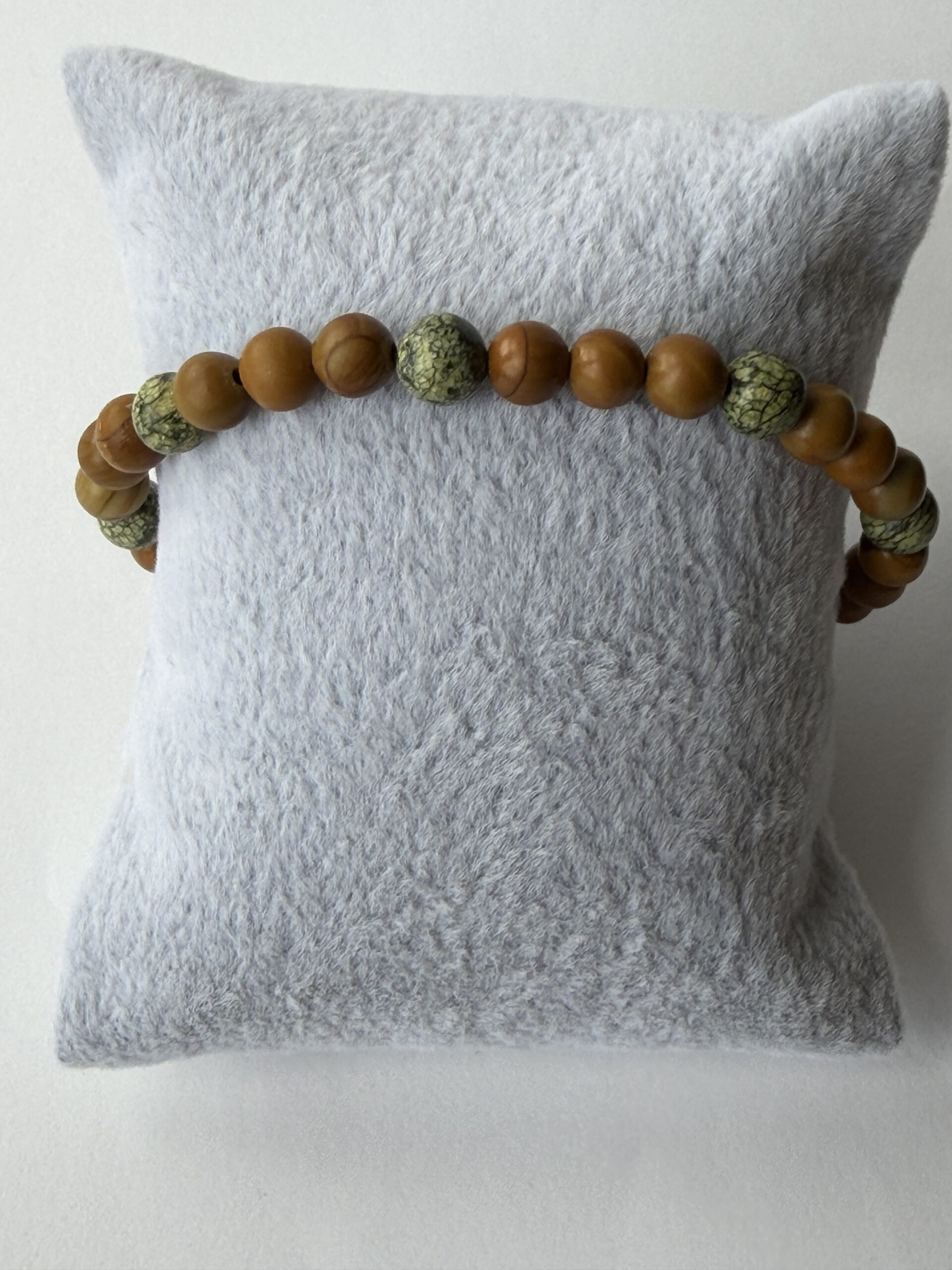 Wood Jasper and Serpentine Beaded Stretch Bracelet for Men, 6 mm Natural Stone — view 6