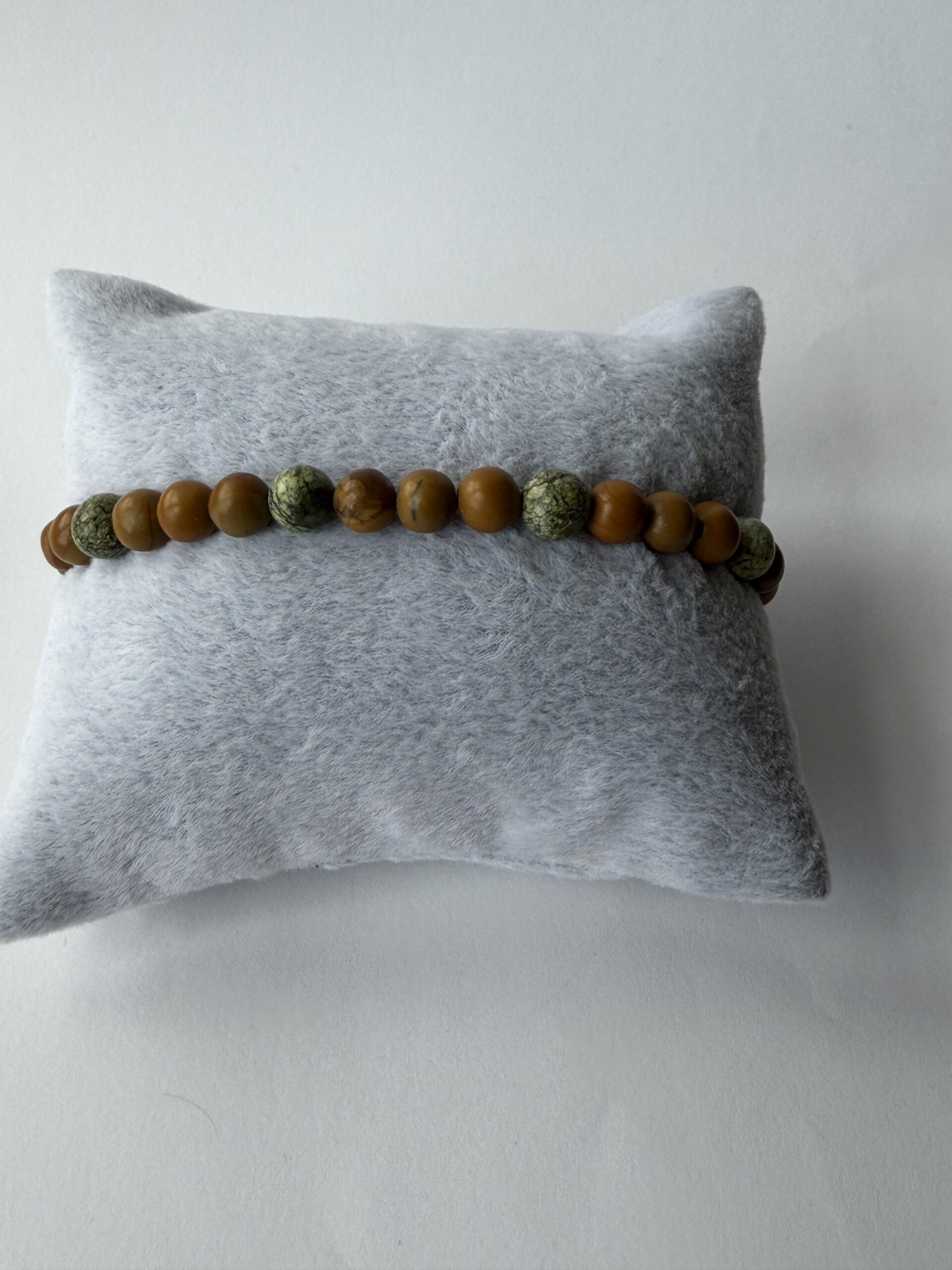 Wood Jasper and Serpentine Beaded Stretch Bracelet for Men, 6 mm Natural Stone — view 7