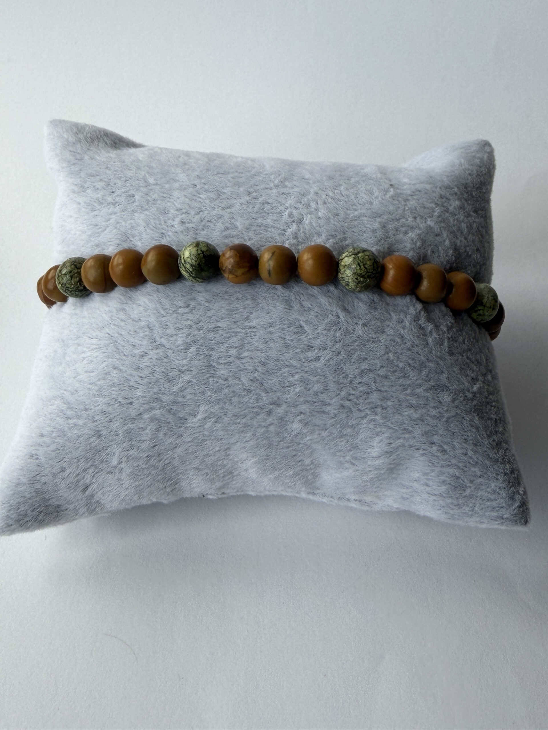 Wood Jasper and Serpentine Beaded Stretch Bracelet for Men, 6 mm Natural Stone — view 8