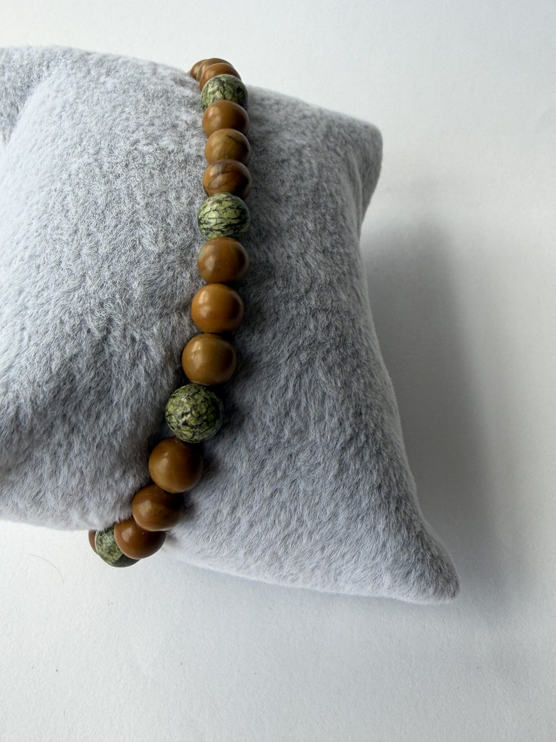 Wood Jasper and Serpentine Beaded Stretch Bracelet for Men, 6 mm Natural Stone — view 9