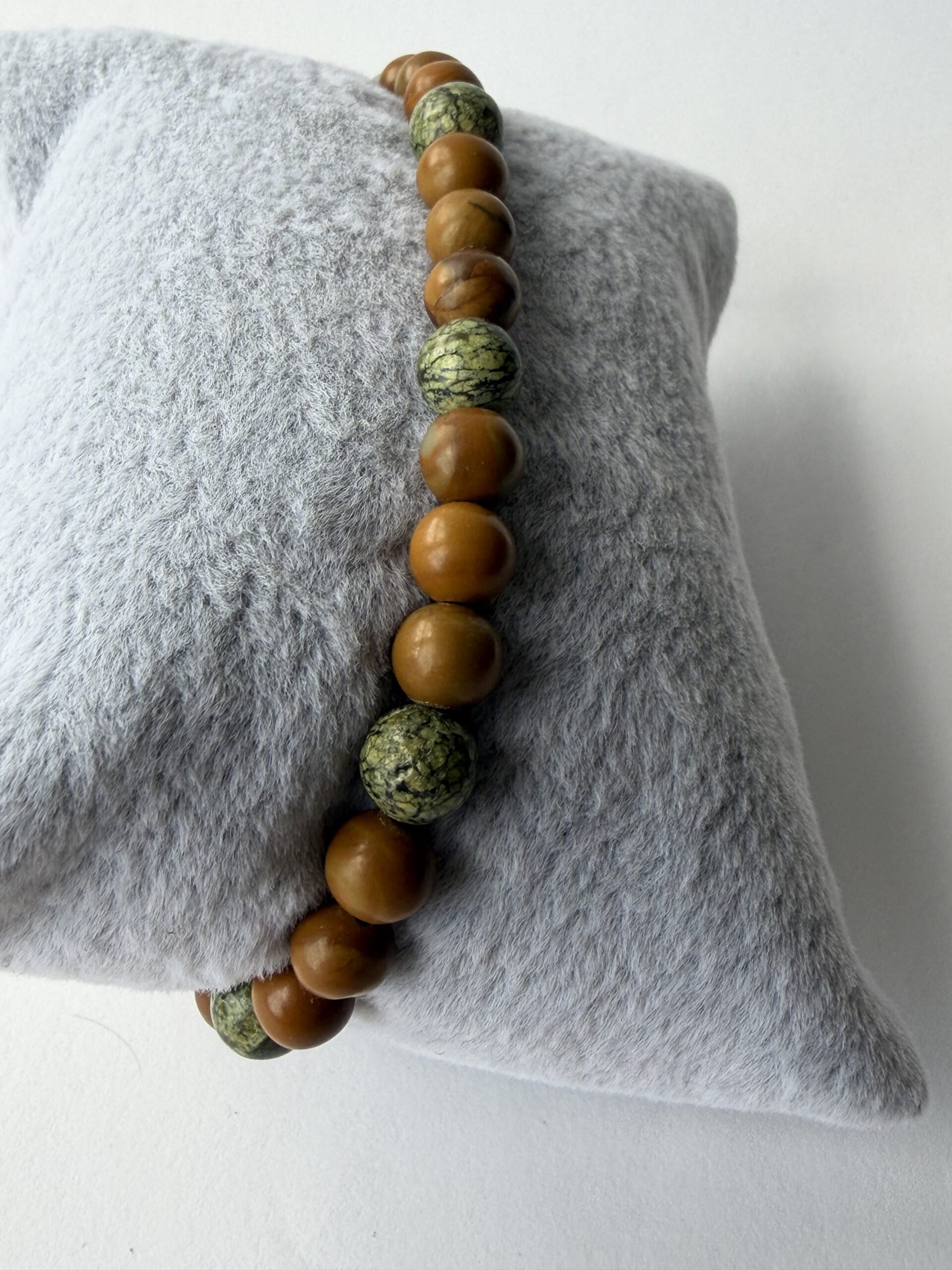 Wood Jasper and Serpentine Beaded Stretch Bracelet for Men, 6 mm Natural Stone — view 10