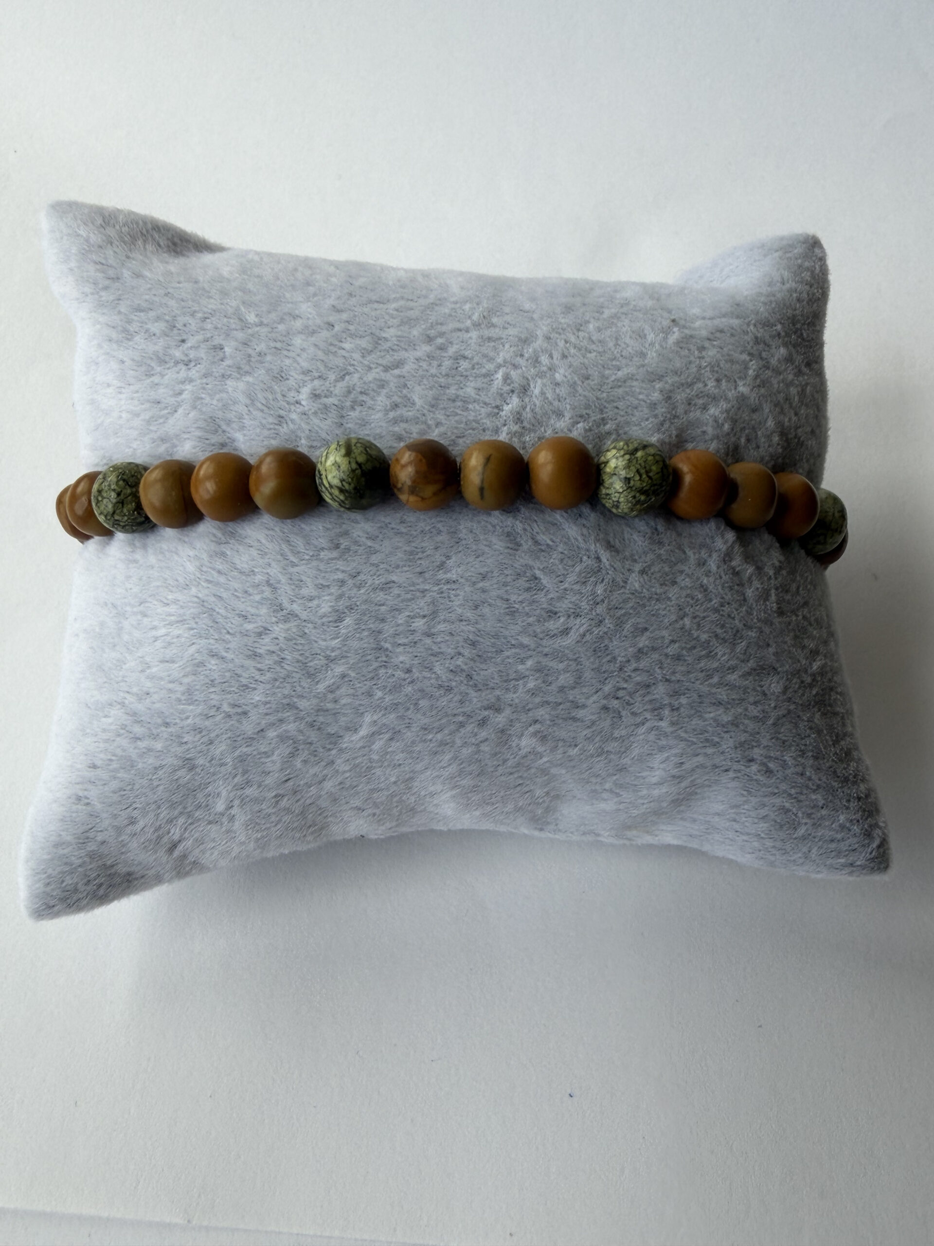 Wood Jasper and Serpentine Beaded Stretch Bracelet for Men, 6 mm Natural Stone — view 11