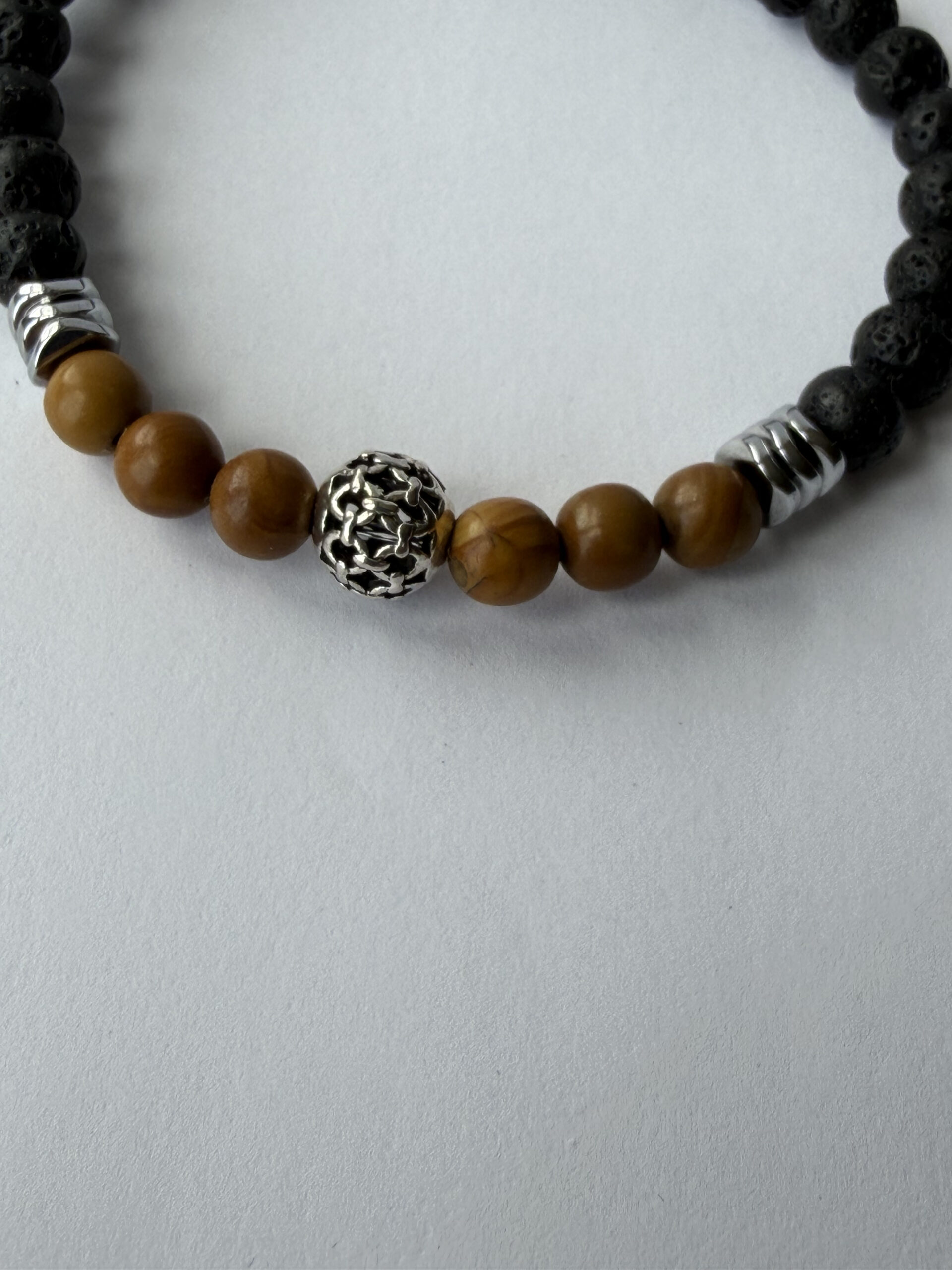 Black Lava Stone and Wood Jasper Bracelet for Men, Stretch with Filigree Bead — view 1