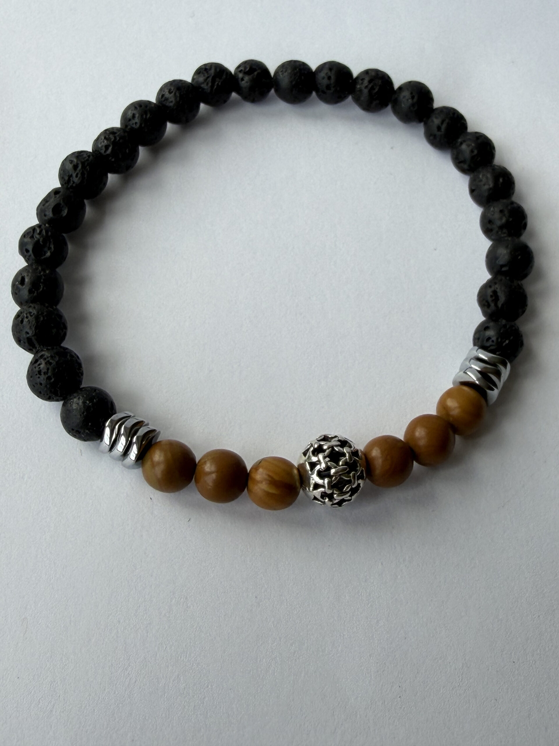 Black Lava Stone and Wood Jasper Bracelet for Men, Stretch with Filigree Bead — view 2