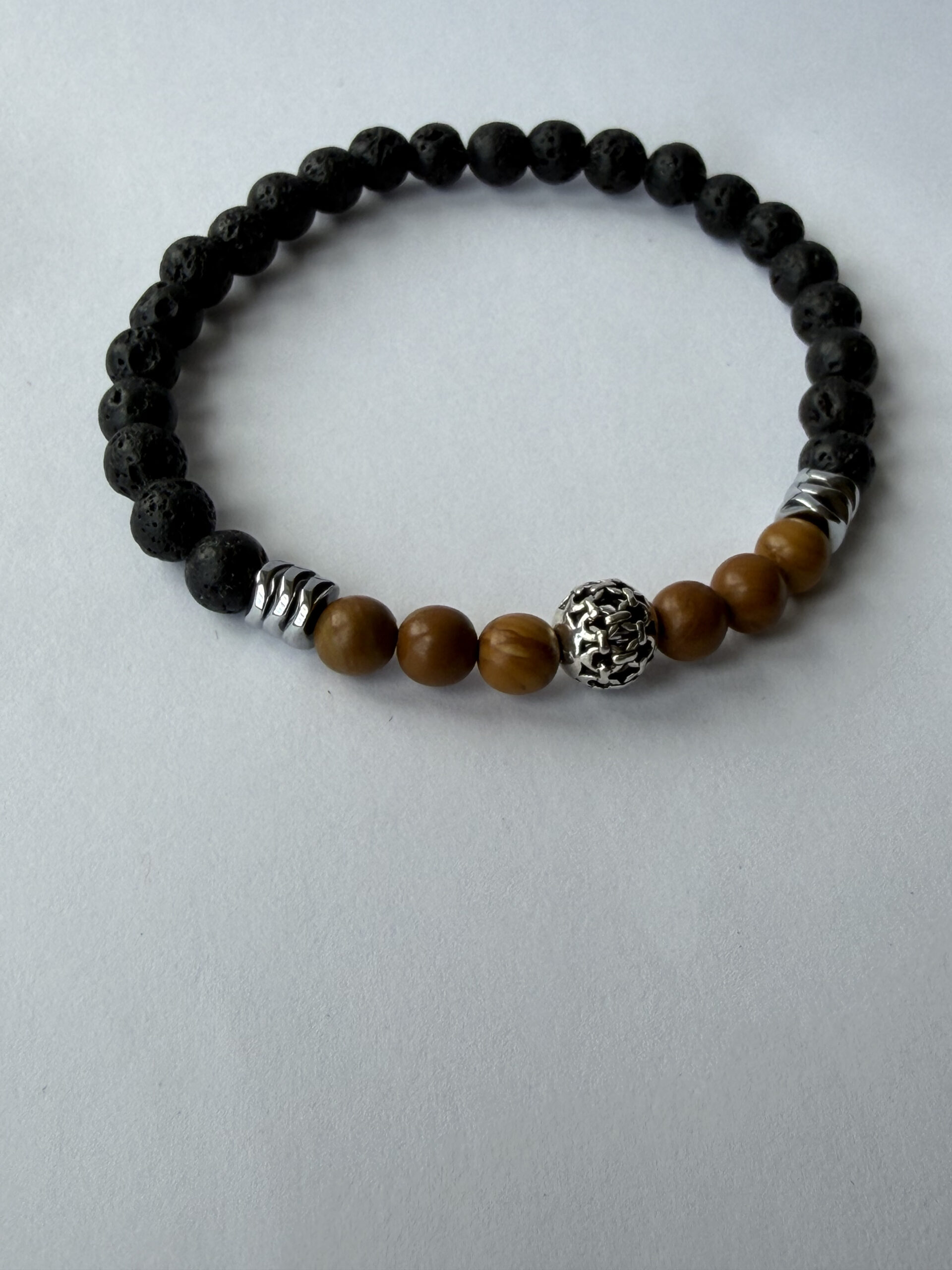 Black Lava Stone and Wood Jasper Bracelet for Men, Stretch with Filigree Bead — view 3