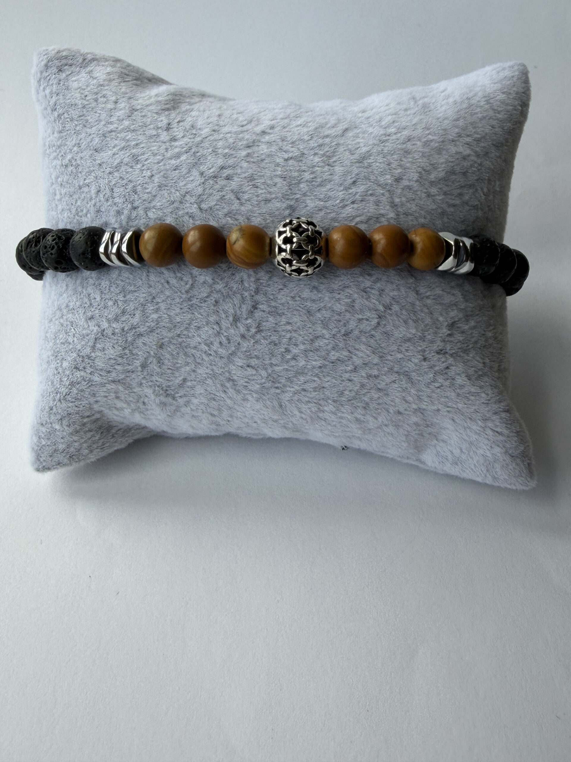 Black Lava Stone and Wood Jasper Bracelet for Men, Stretch with Filigree Bead — view 4