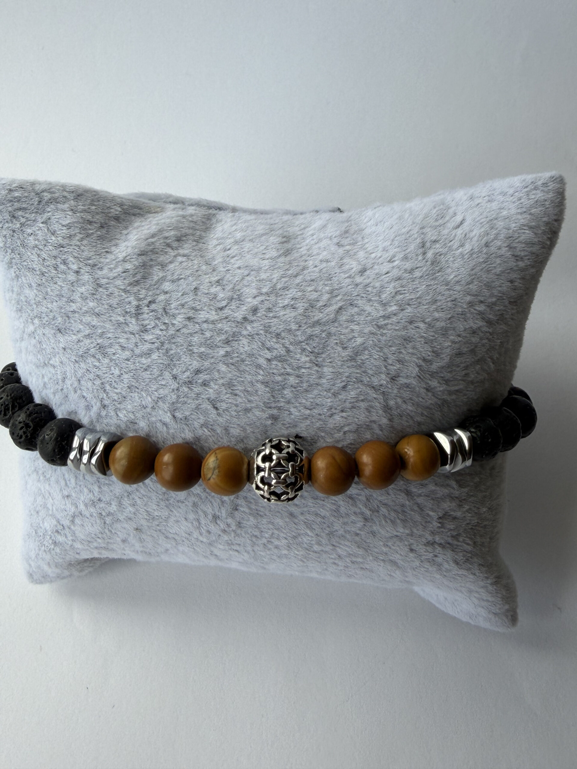 Black Lava Stone and Wood Jasper Bracelet for Men, Stretch with Filigree Bead — view 5