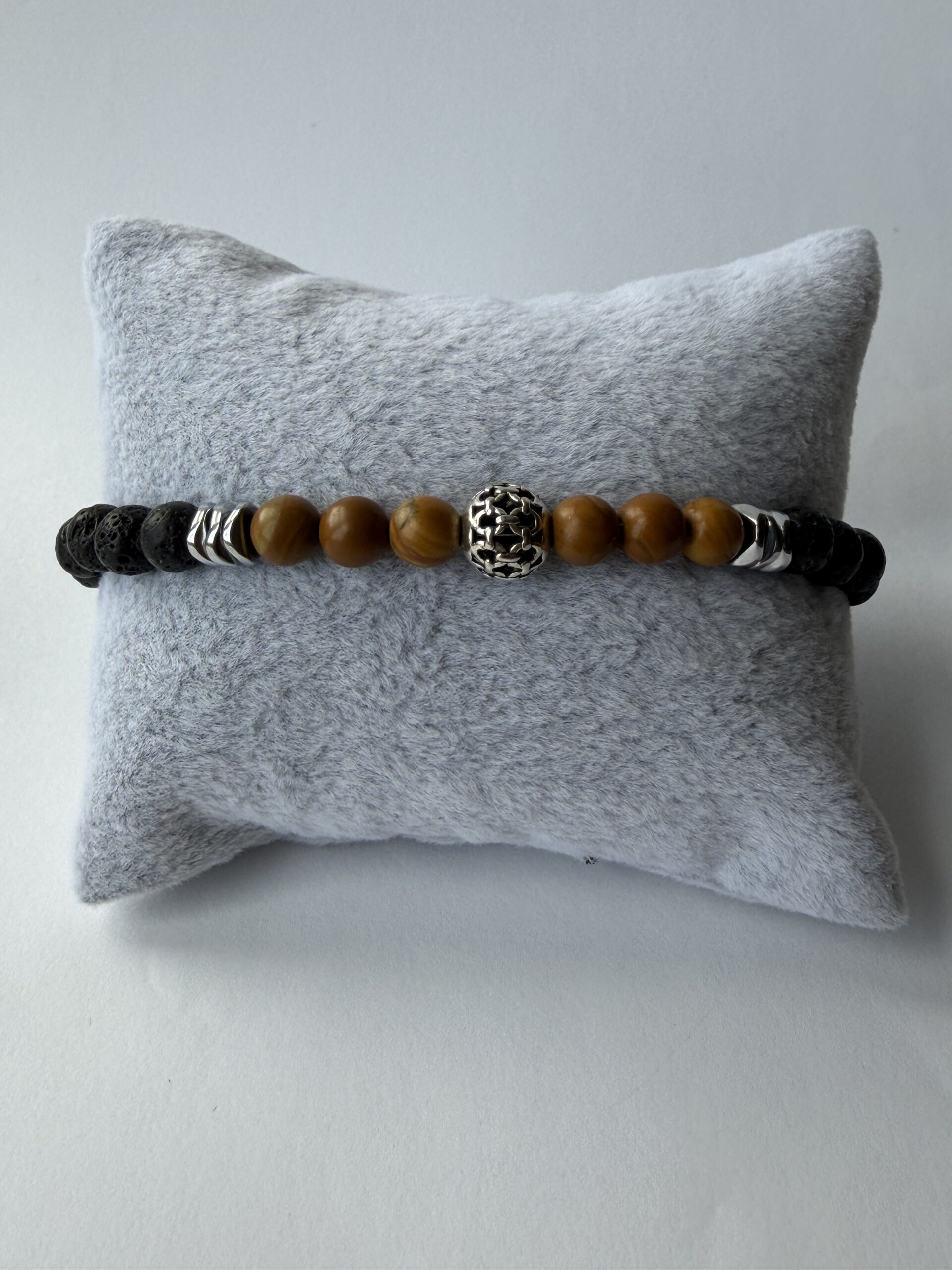 Black Lava Stone and Wood Jasper Bracelet for Men, Stretch with Filigree Bead — view 6
