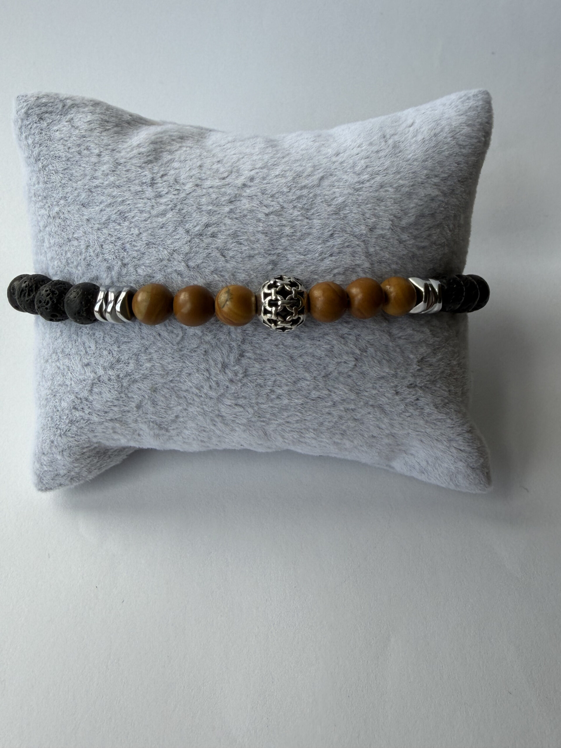 Black Lava Stone and Wood Jasper Bracelet for Men, Stretch with Filigree Bead — view 7
