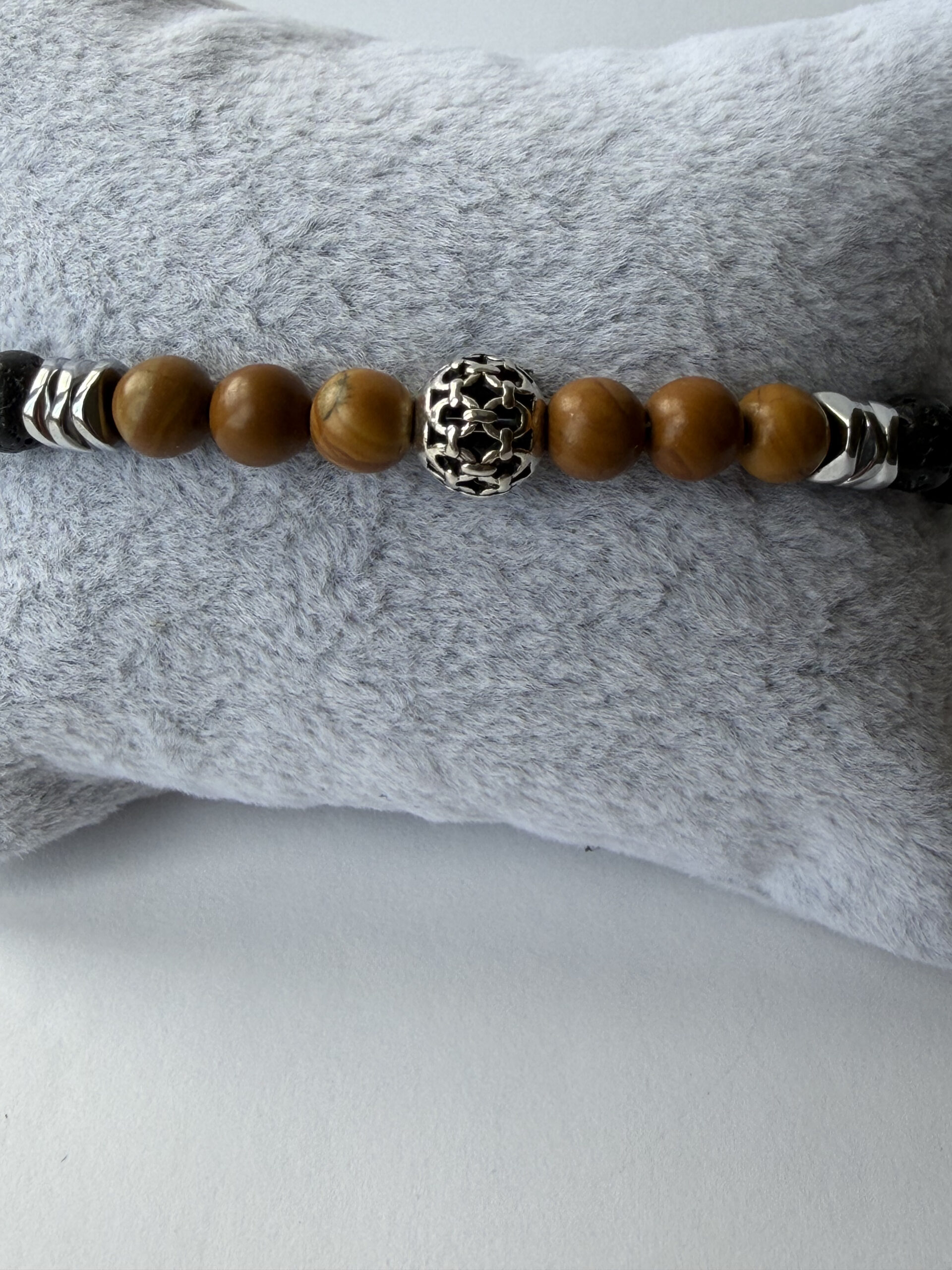 Black Lava Stone and Wood Jasper Bracelet for Men, Stretch with Filigree Bead — view 8