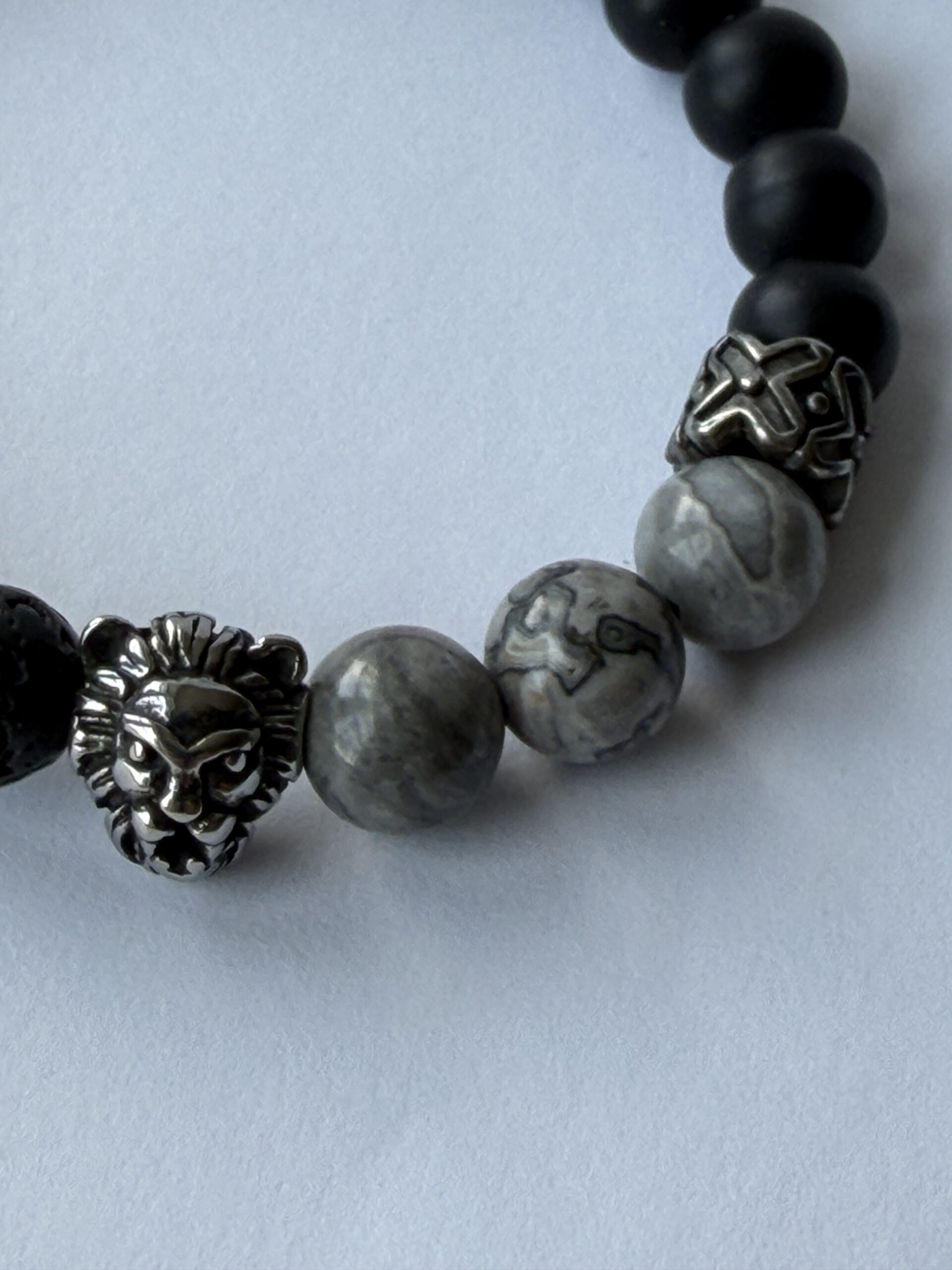 Lion Head Bracelet for Men – Matte Onyx, Lava and Grey Jasper, 8 mm Stretch — view 1