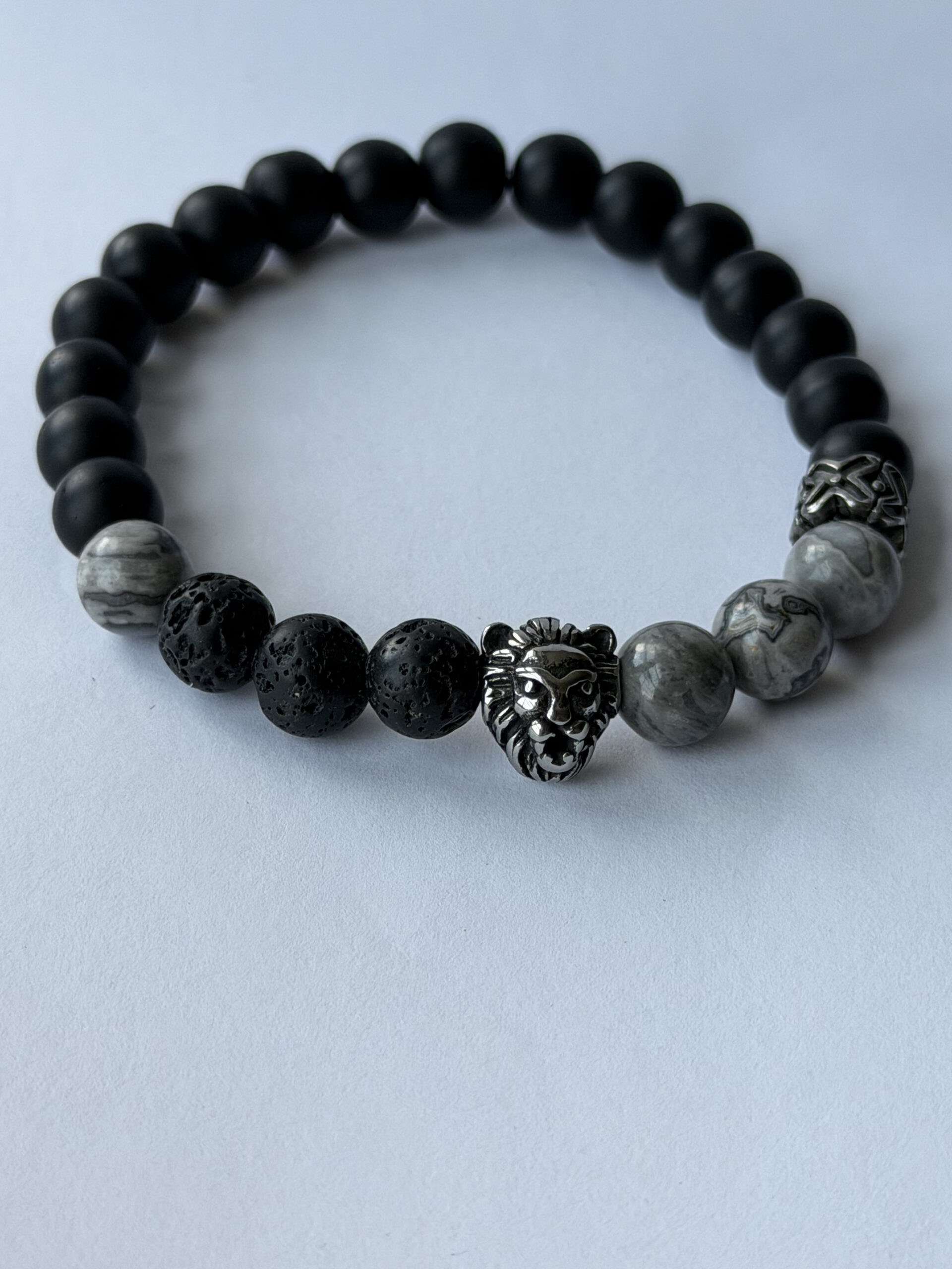 Lion Head Bracelet for Men – Matte Onyx, Lava and Grey Jasper, 8 mm Stretch — view 2