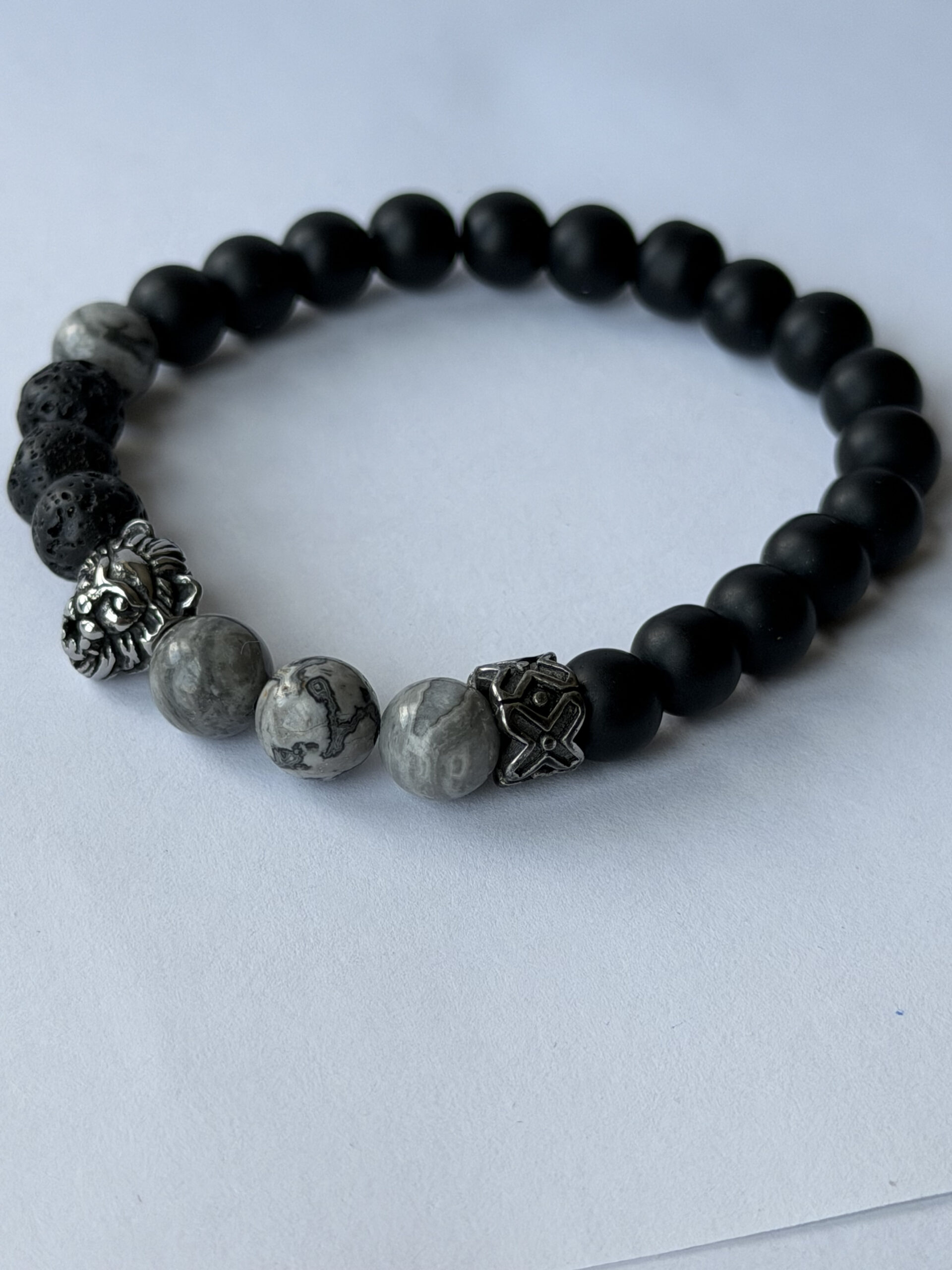 Lion Head Bracelet for Men – Matte Onyx, Lava and Grey Jasper, 8 mm Stretch — view 3