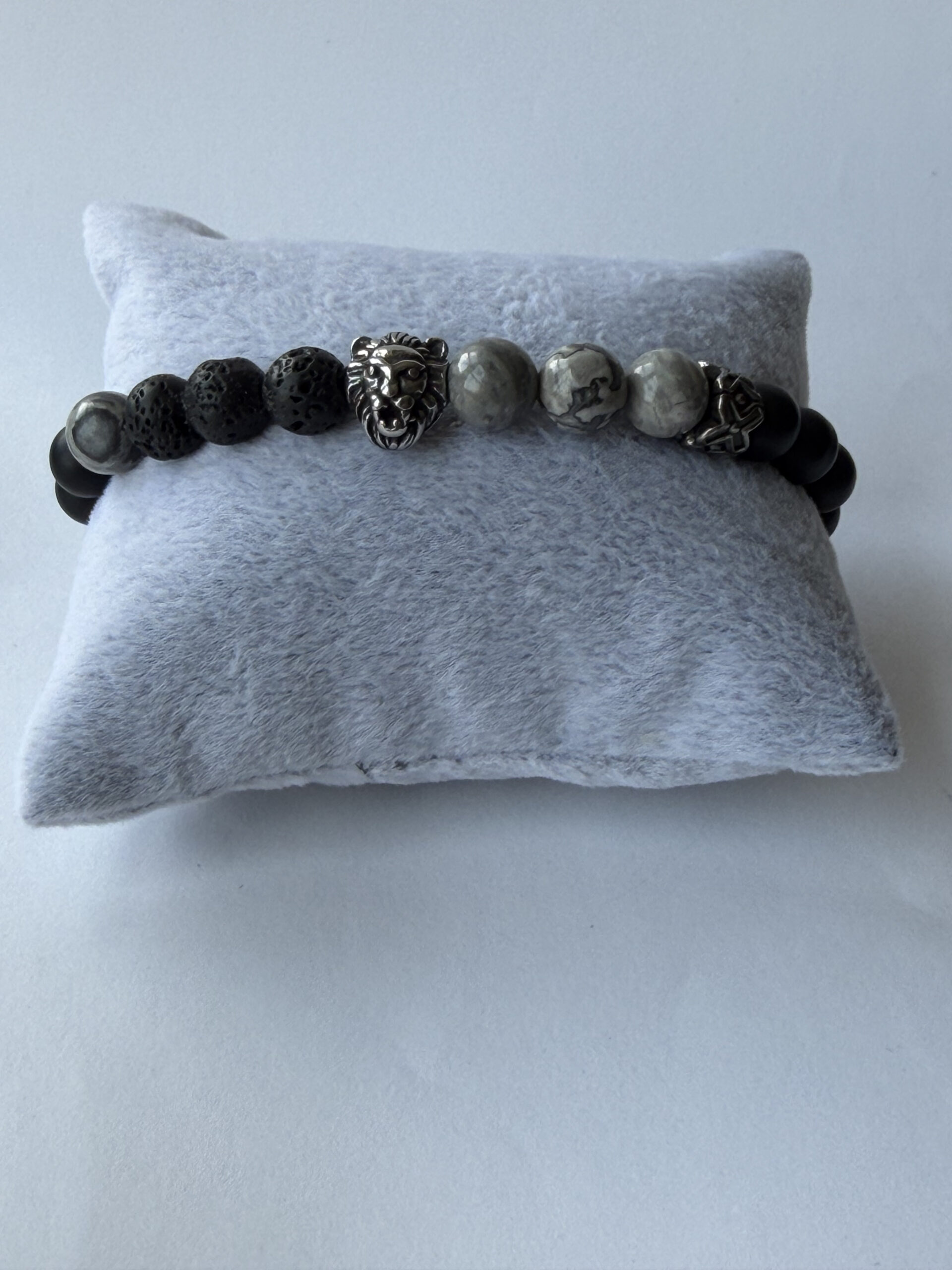 Lion Head Bracelet for Men – Matte Onyx, Lava and Grey Jasper, 8 mm Stretch — view 4