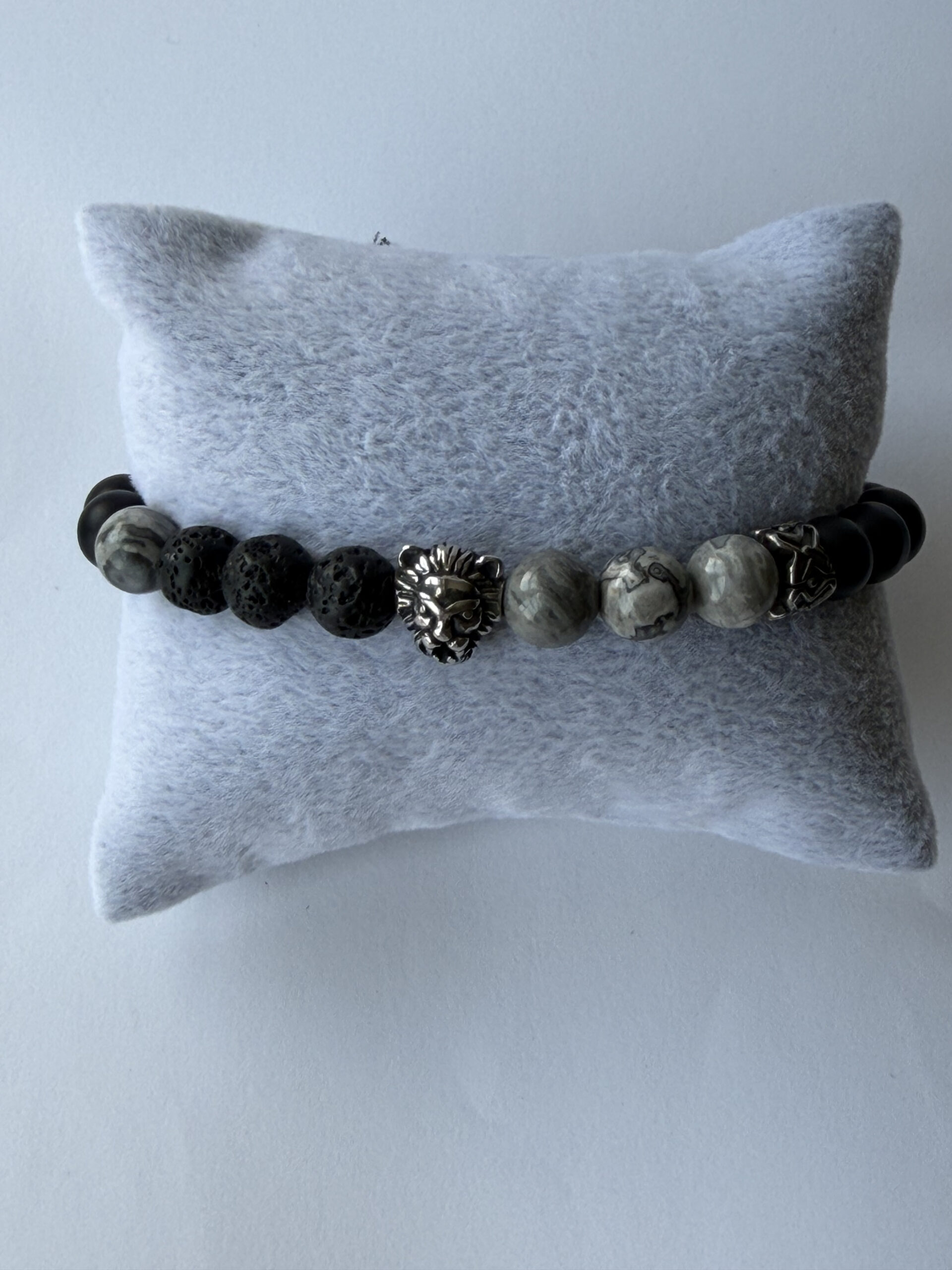 Lion Head Bracelet for Men – Matte Onyx, Lava and Grey Jasper, 8 mm Stretch — view 5