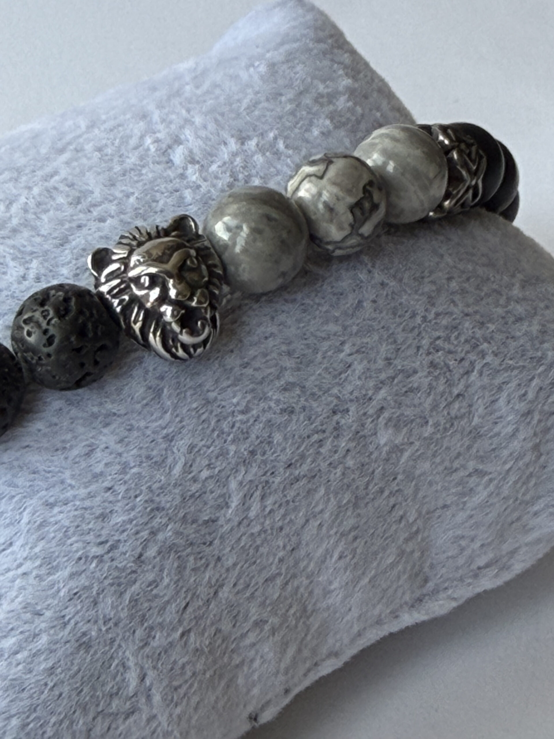 Lion Head Bracelet for Men – Matte Onyx, Lava and Grey Jasper, 8 mm Stretch — view 6