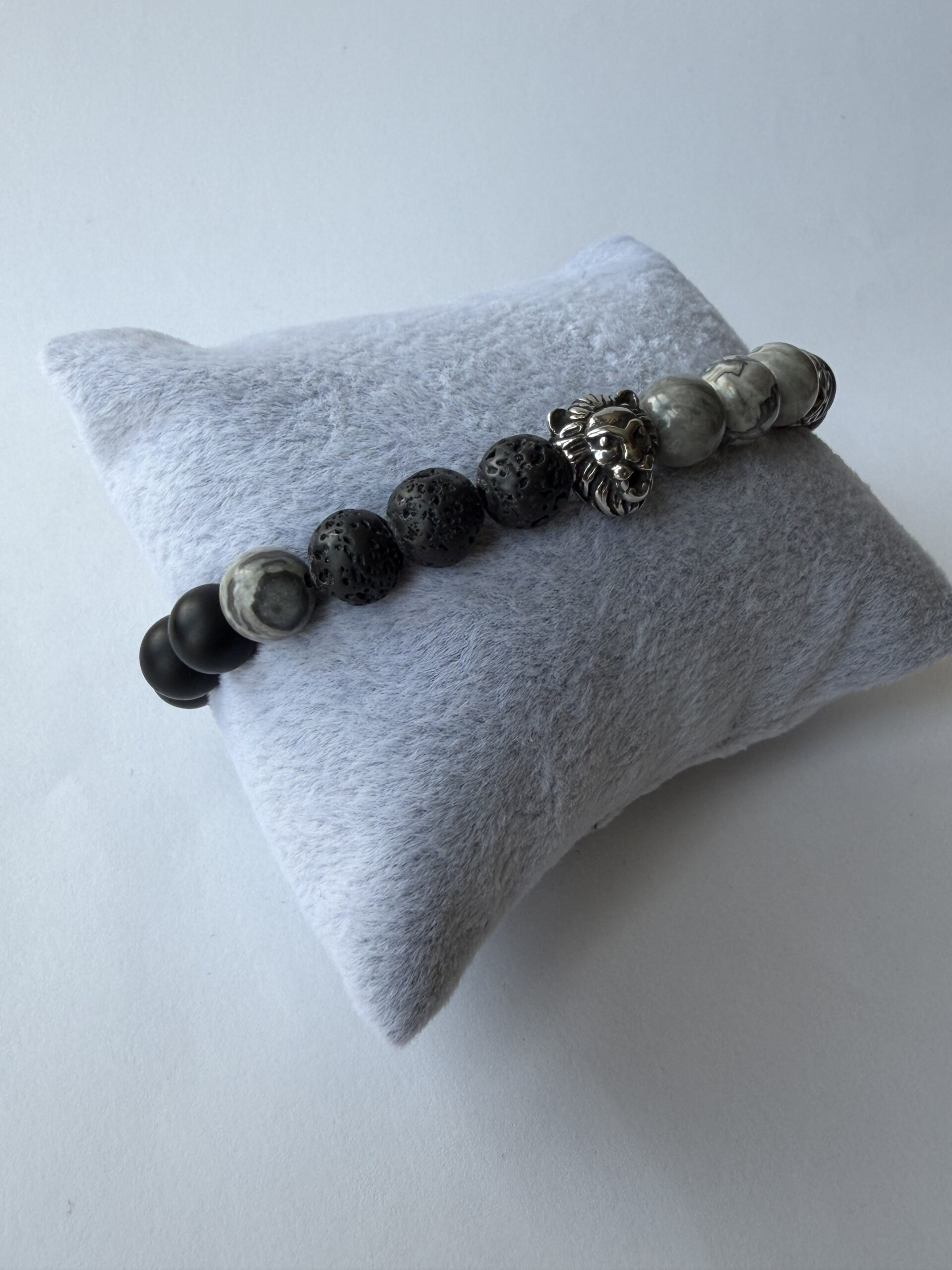 Lion Head Bracelet for Men – Matte Onyx, Lava and Grey Jasper, 8 mm Stretch — view 7