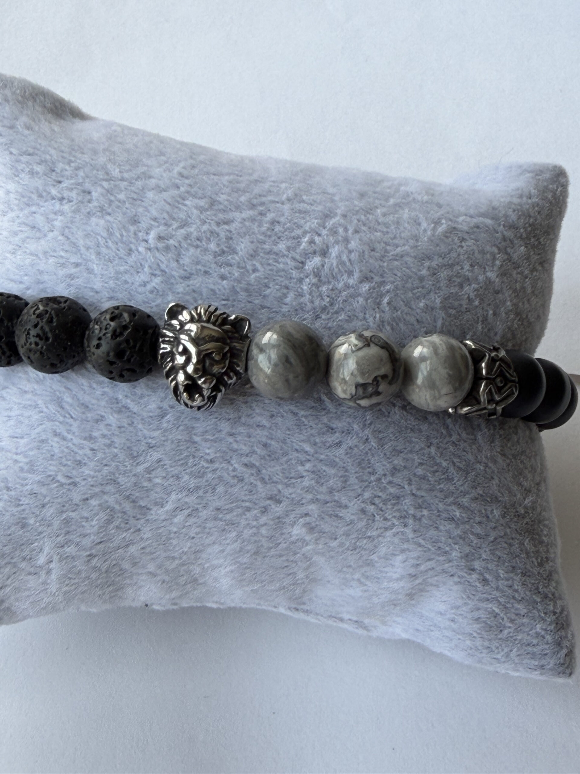 Lion Head Bracelet for Men – Matte Onyx, Lava and Grey Jasper, 8 mm Stretch — view 8