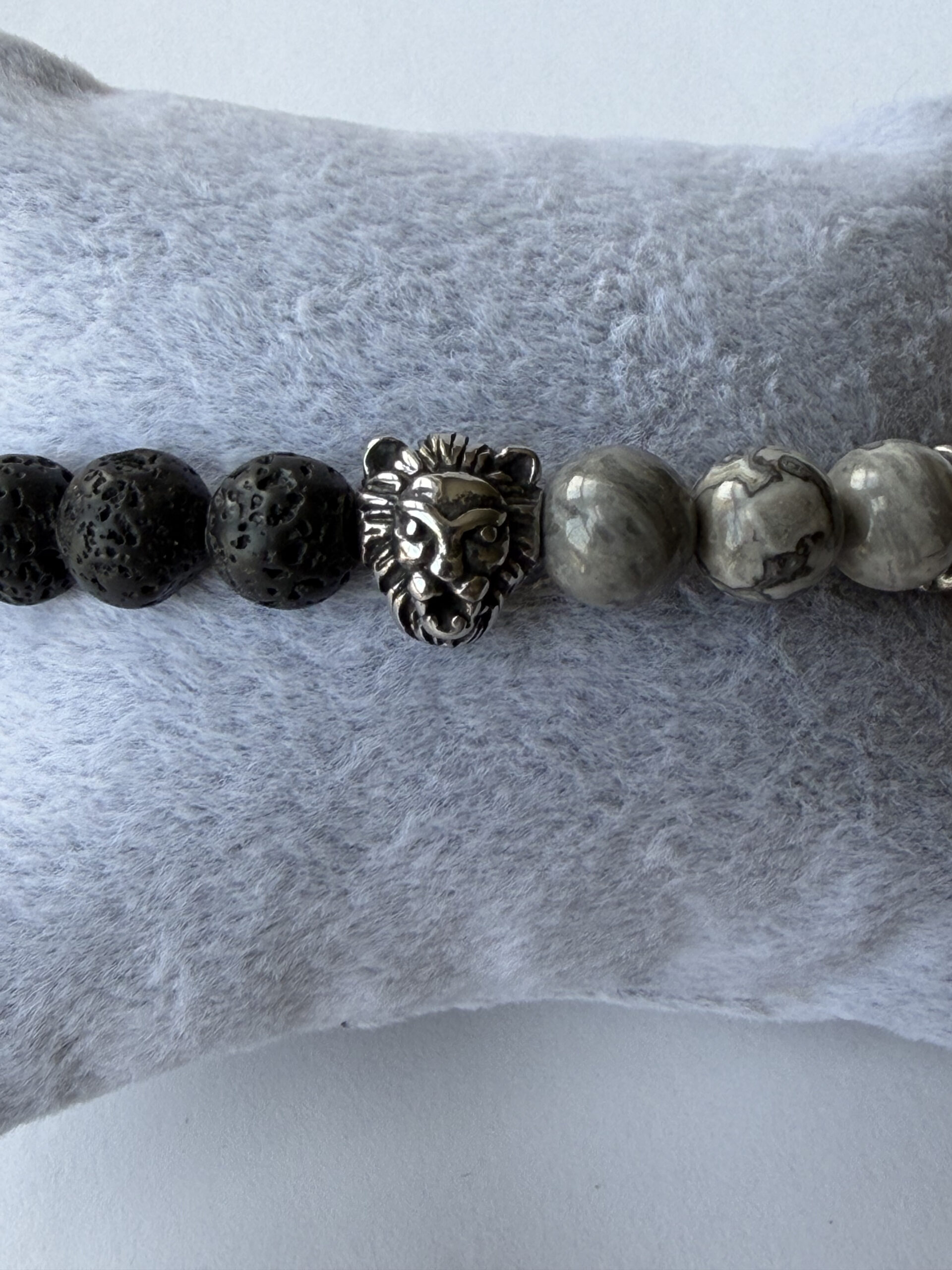 Lion Head Bracelet for Men – Matte Onyx, Lava and Grey Jasper, 8 mm Stretch — view 9