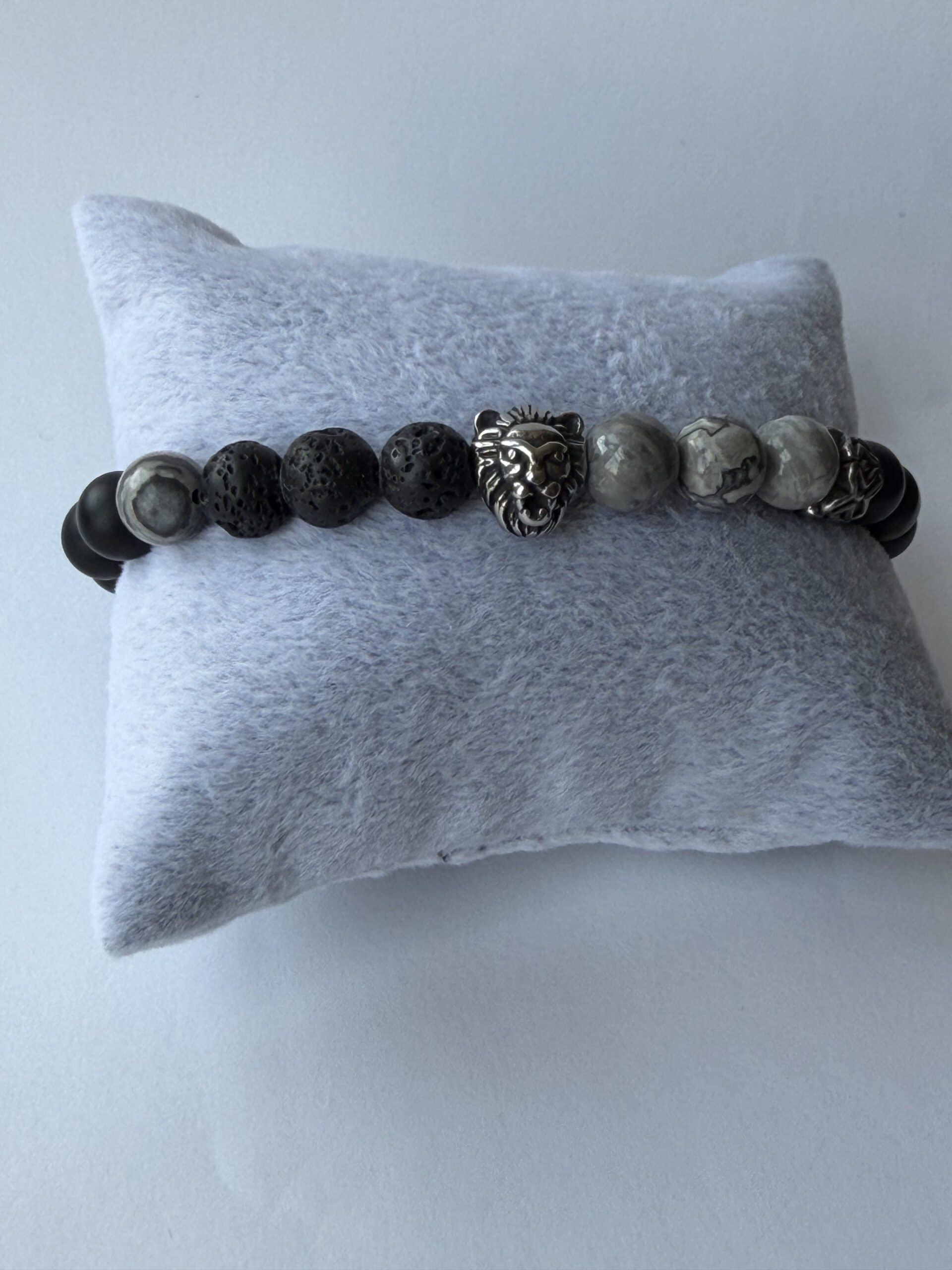 Lion Head Bracelet for Men – Matte Onyx, Lava and Grey Jasper, 8 mm Stretch — view 10