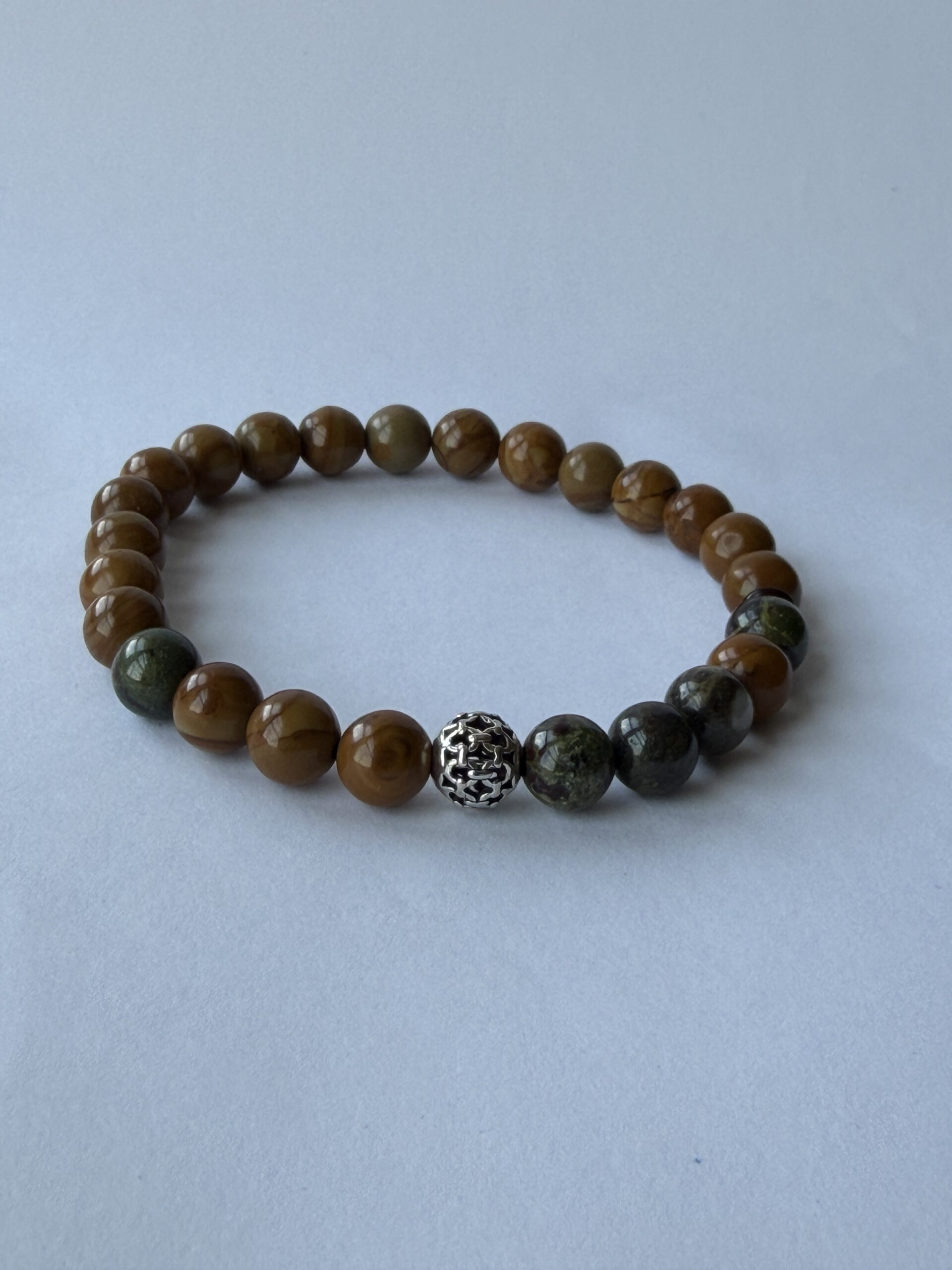 Wood Jasper and Dragon Blood Jasper Bracelet for Men, 8 mm Stretch Beads — view 2