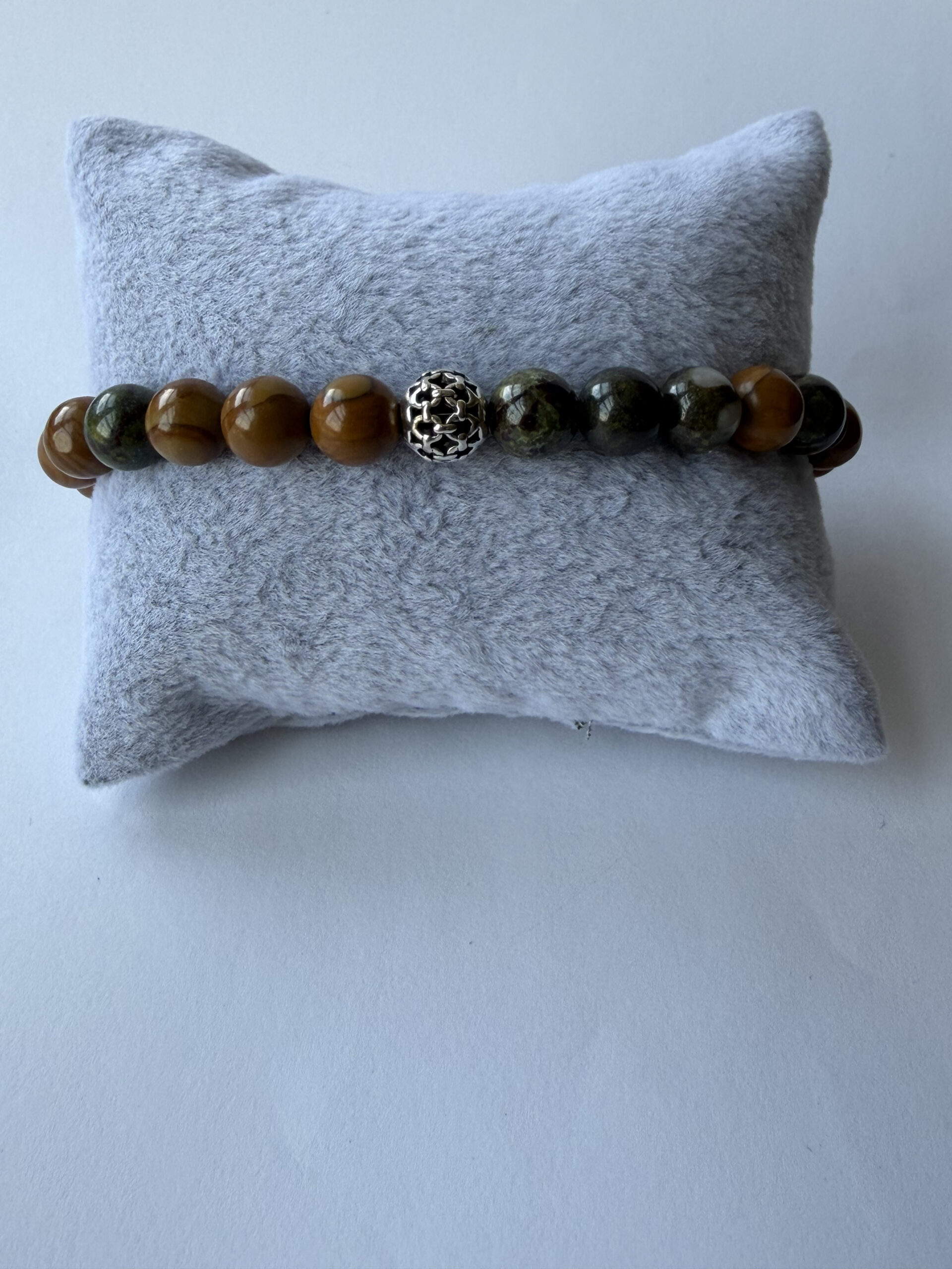 Wood Jasper and Dragon Blood Jasper Bracelet for Men, 8 mm Stretch Beads — view 3