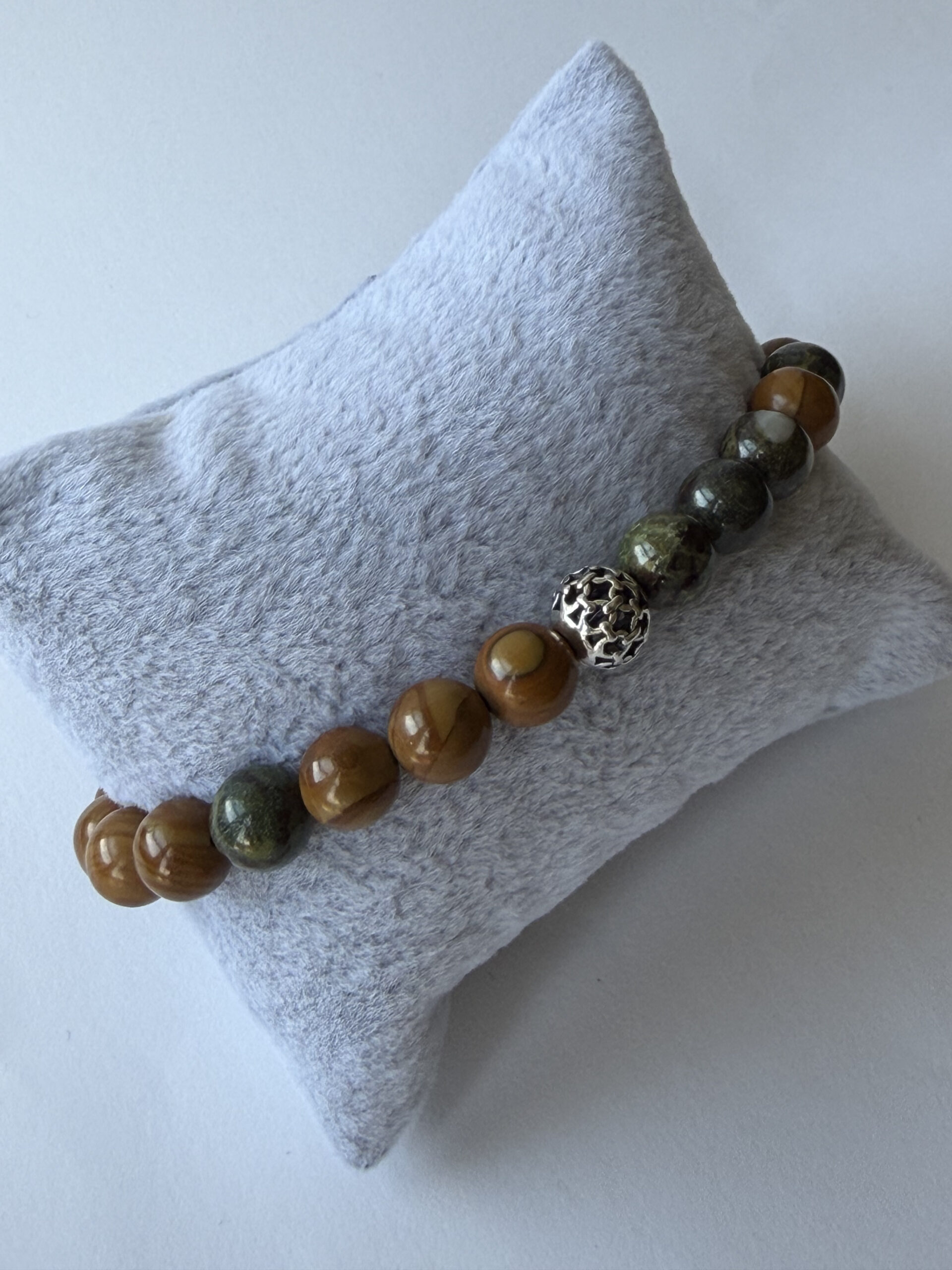 Wood Jasper and Dragon Blood Jasper Bracelet for Men, 8 mm Stretch Beads — view 8