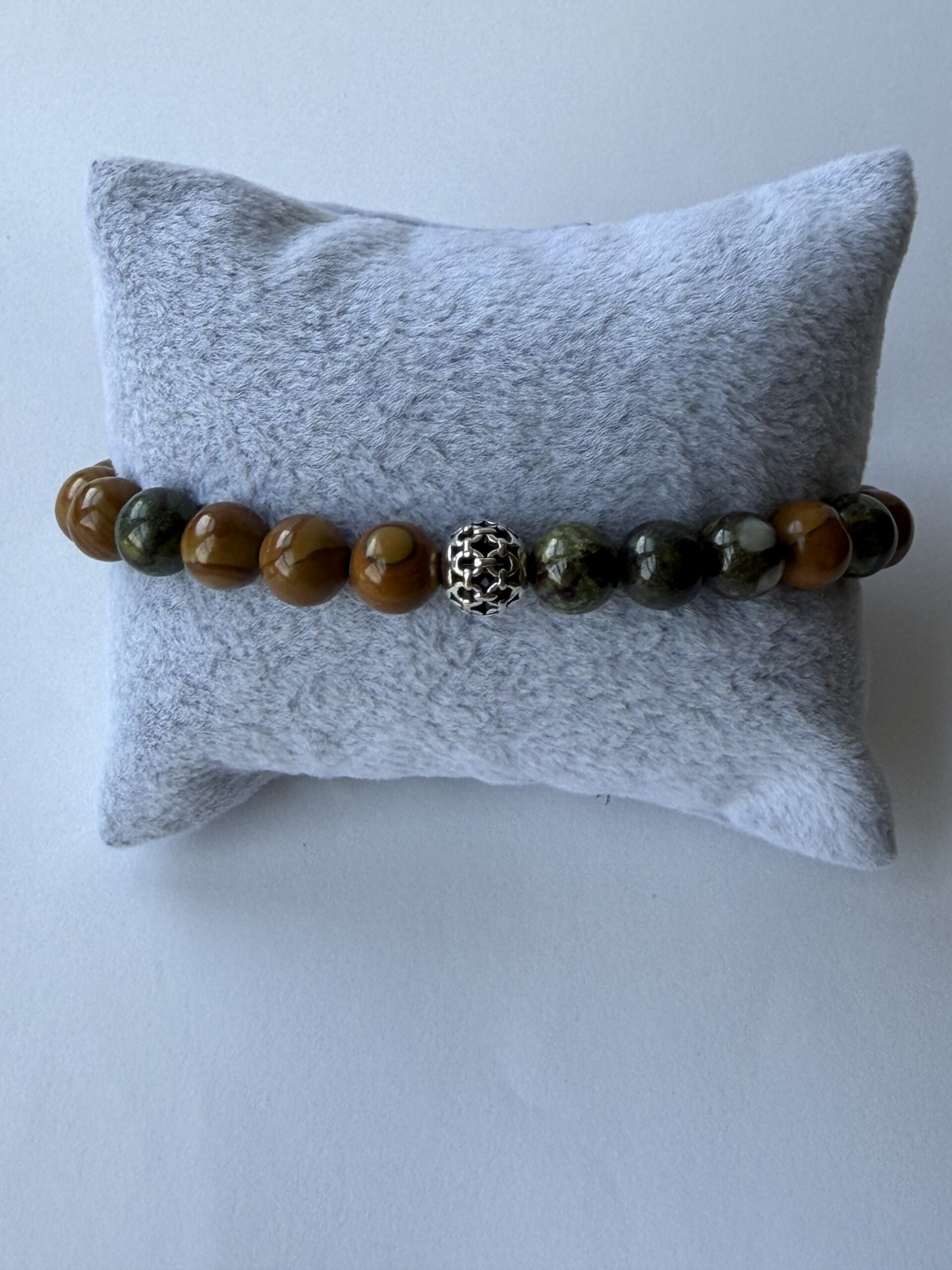Wood Jasper and Dragon Blood Jasper Bracelet for Men, 8 mm Stretch Beads — view 9