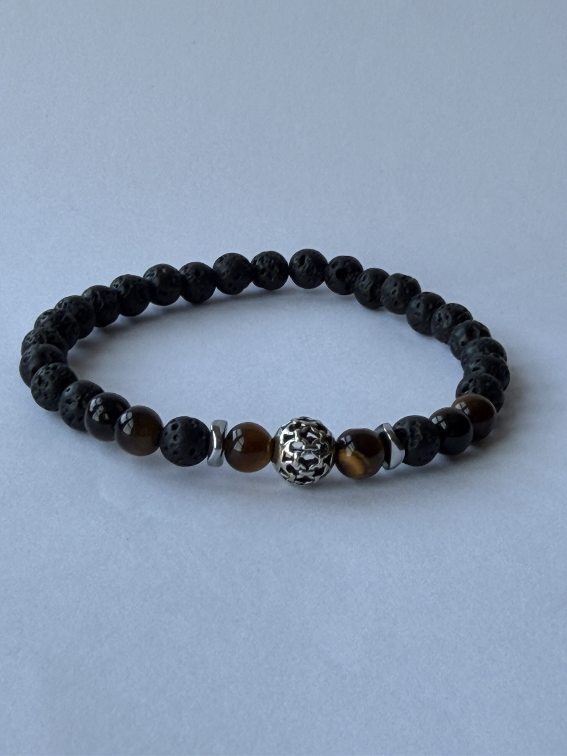 Lava Stone and Tiger Eye Bracelet for Men, 6 mm Stretch with Hematite Spacers — view 3