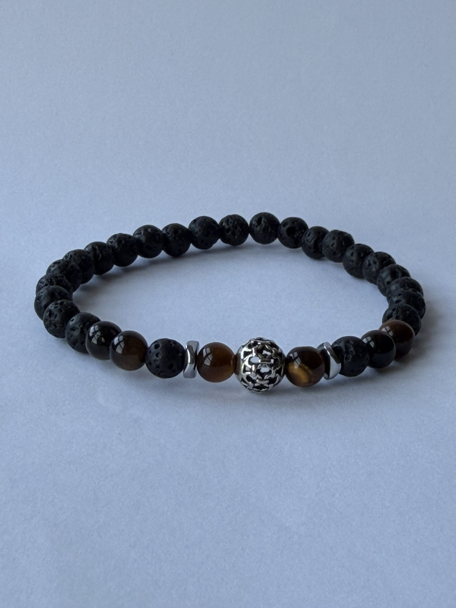 Lava Stone and Tiger Eye Bracelet for Men, 6 mm Stretch with Hematite Spacers — view 4