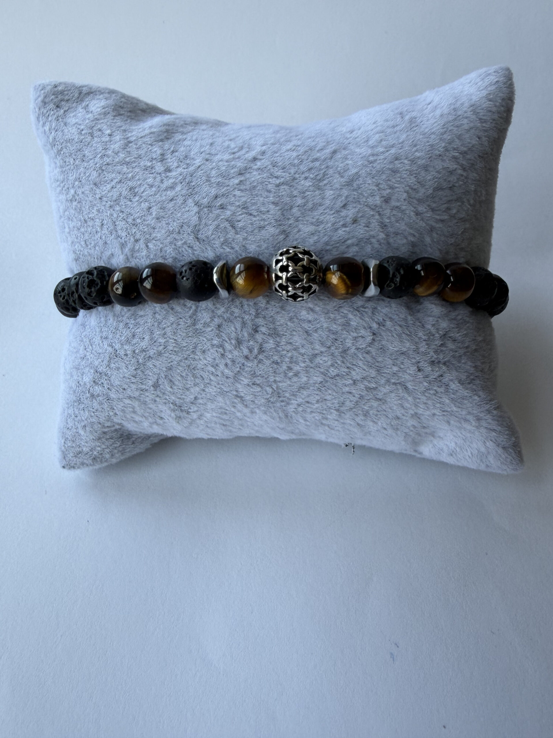 Lava Stone and Tiger Eye Bracelet for Men, 6 mm Stretch with Hematite Spacers — view 5