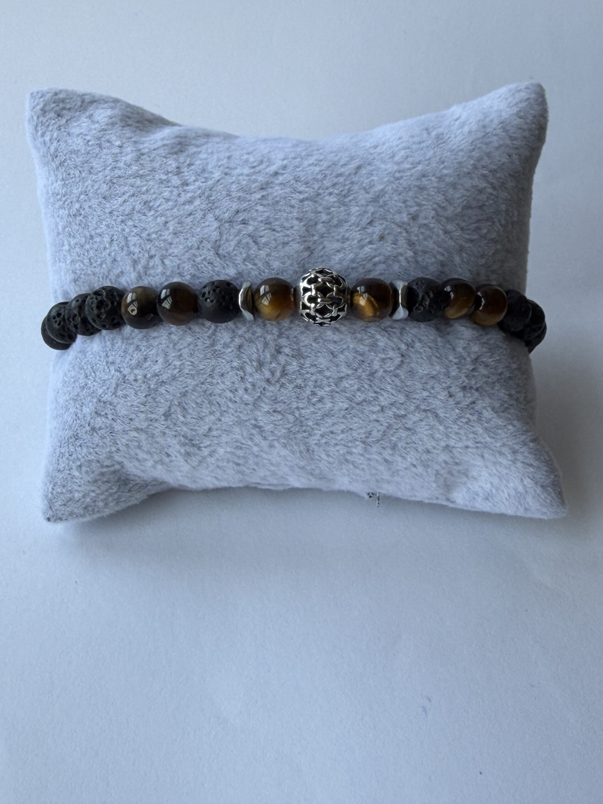 Lava Stone and Tiger Eye Bracelet for Men, 6 mm Stretch with Hematite Spacers — view 6