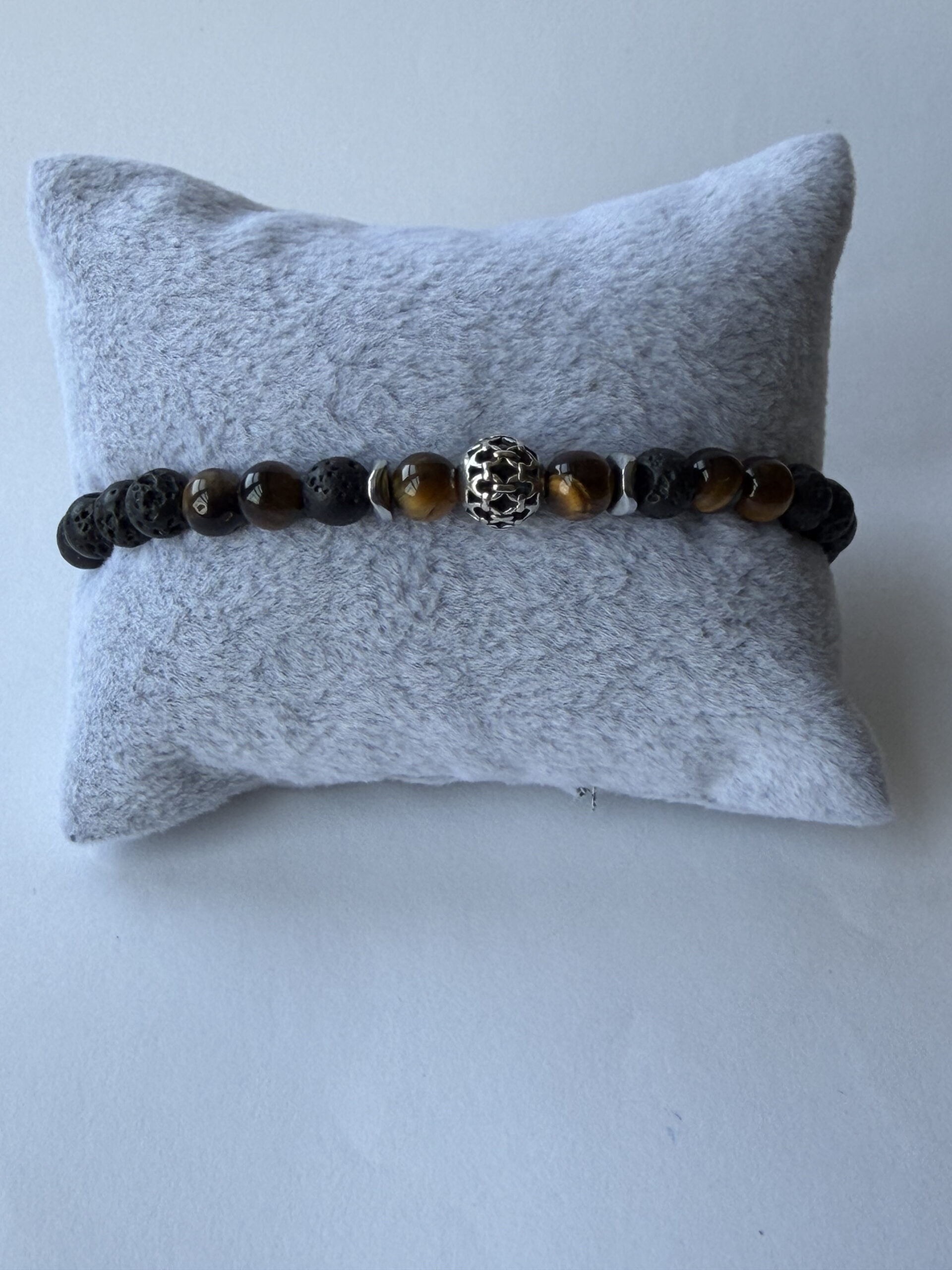 Lava Stone and Tiger Eye Bracelet for Men, 6 mm Stretch with Hematite Spacers — view 7