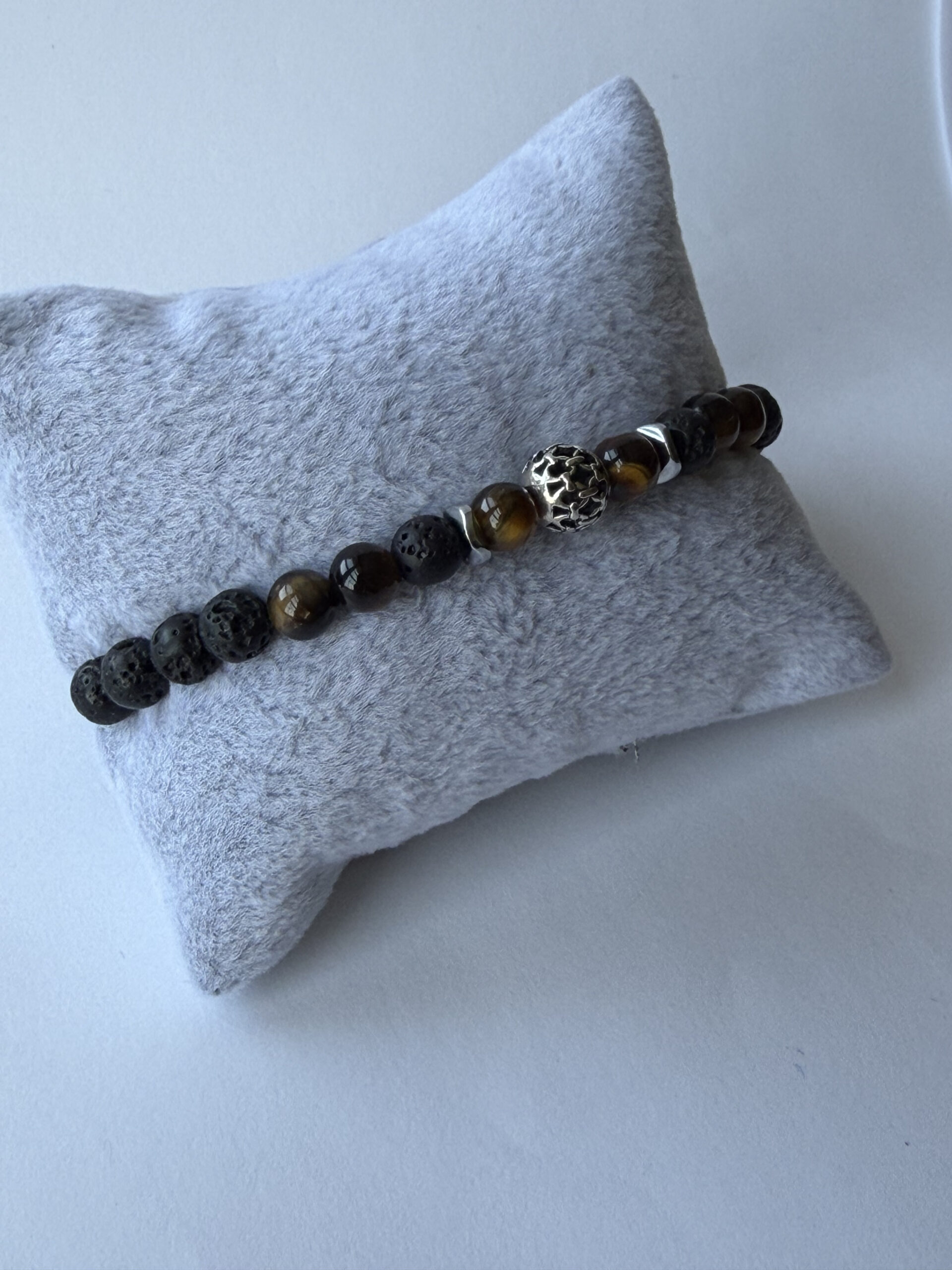 Lava Stone and Tiger Eye Bracelet for Men, 6 mm Stretch with Hematite Spacers — view 8