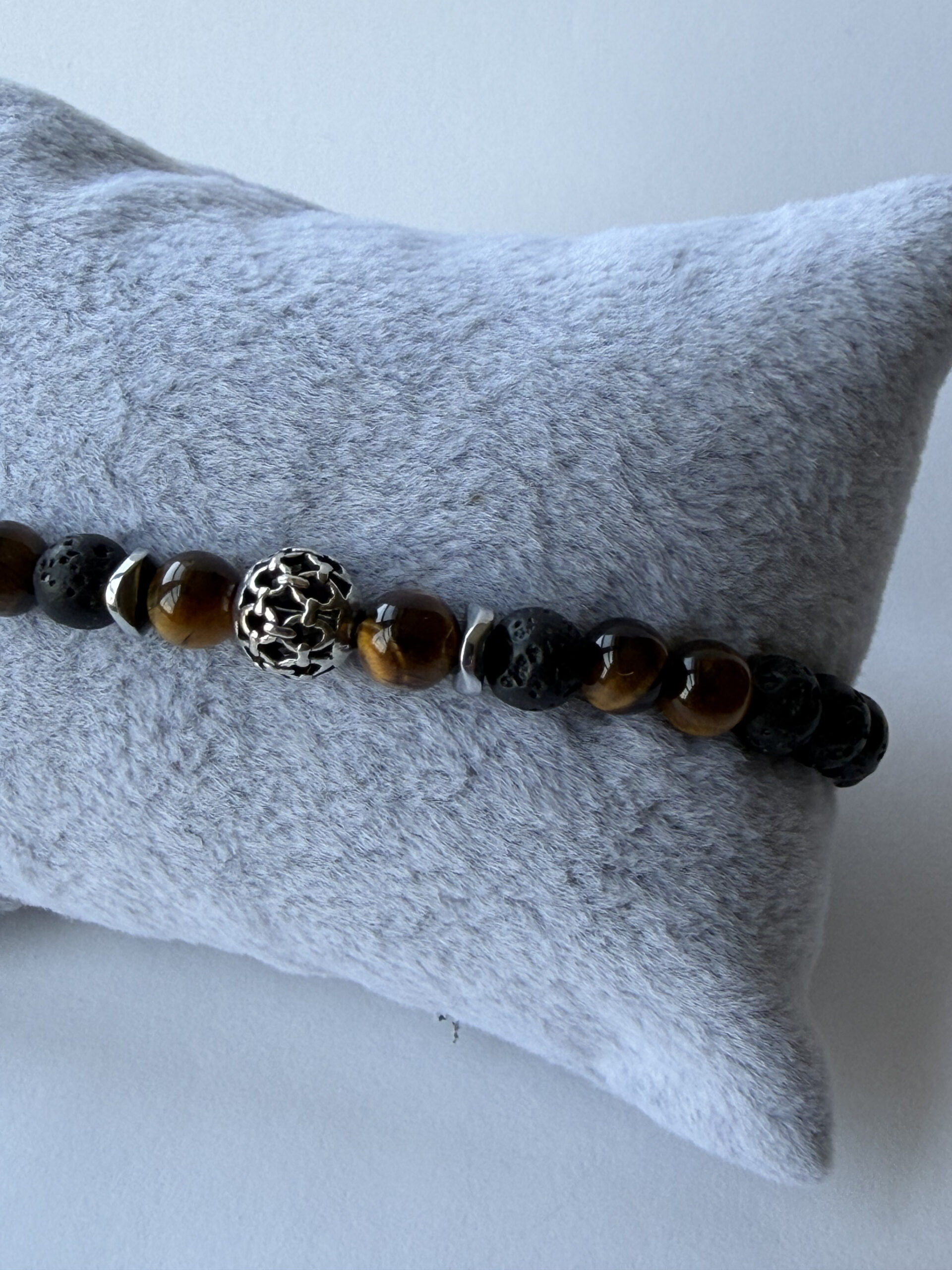 Lava Stone and Tiger Eye Bracelet for Men, 6 mm Stretch with Hematite Spacers — view 9