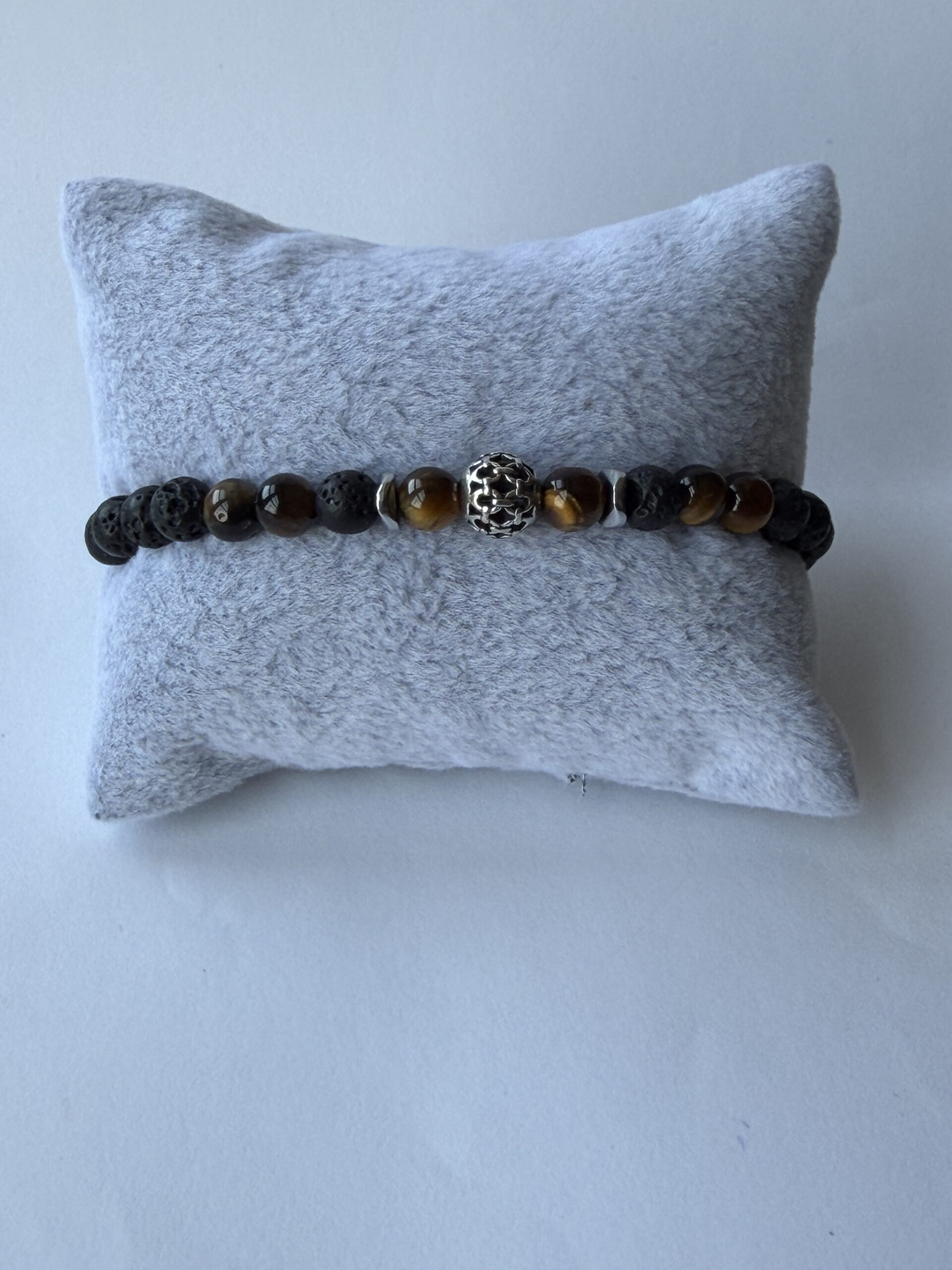 Lava Stone and Tiger Eye Bracelet for Men, 6 mm Stretch with Hematite Spacers — view 10
