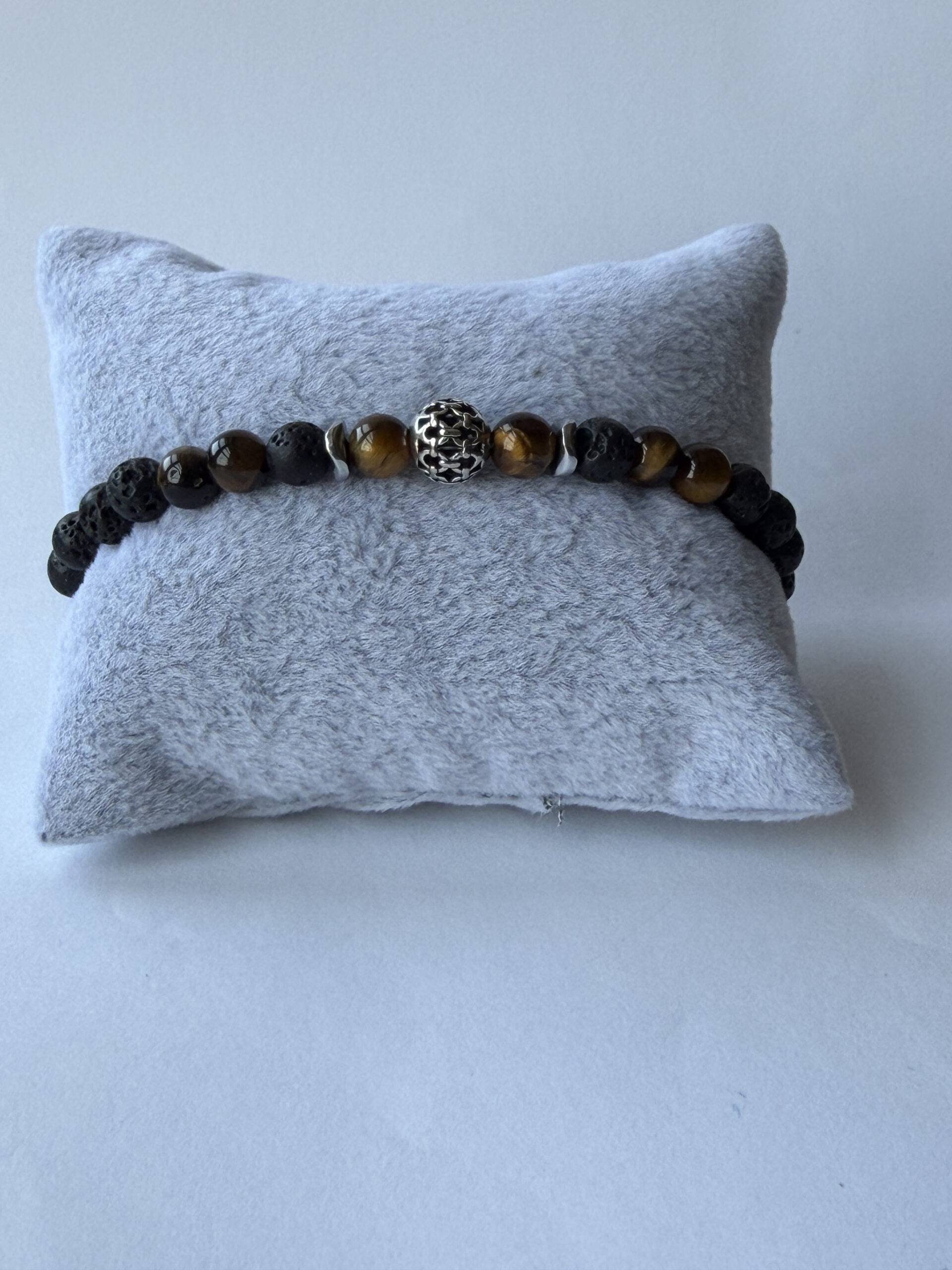 Lava Stone and Tiger Eye Bracelet for Men, 6 mm Stretch with Hematite Spacers — view 11
