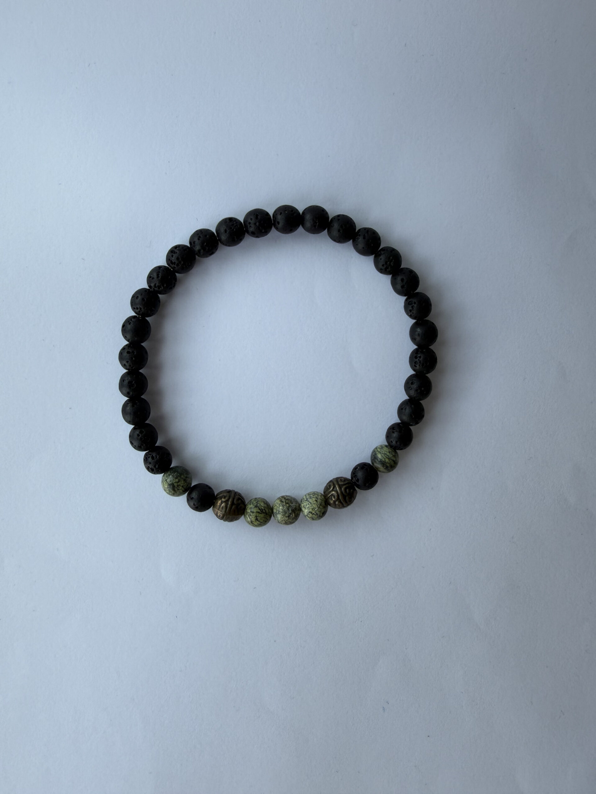 Lava Stone and Serpentine Stretch Bracelet for Men with Antique Bronze Beads — view 1