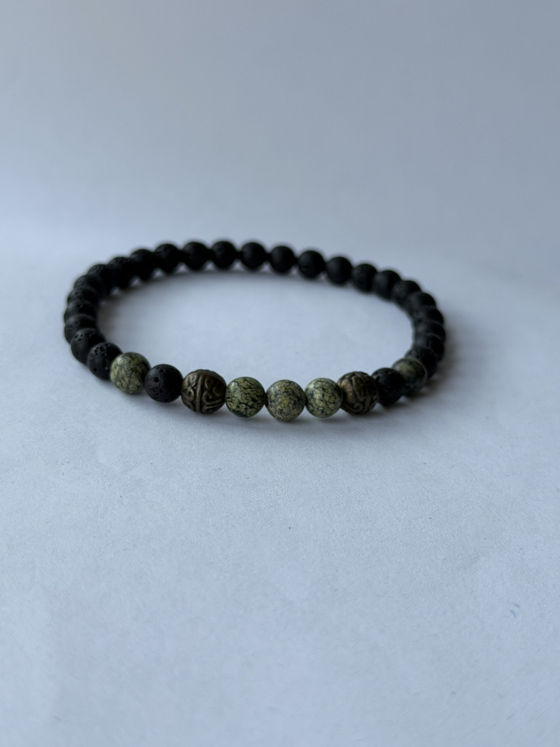 Lava Stone and Serpentine Stretch Bracelet for Men with Antique Bronze Beads — view 2