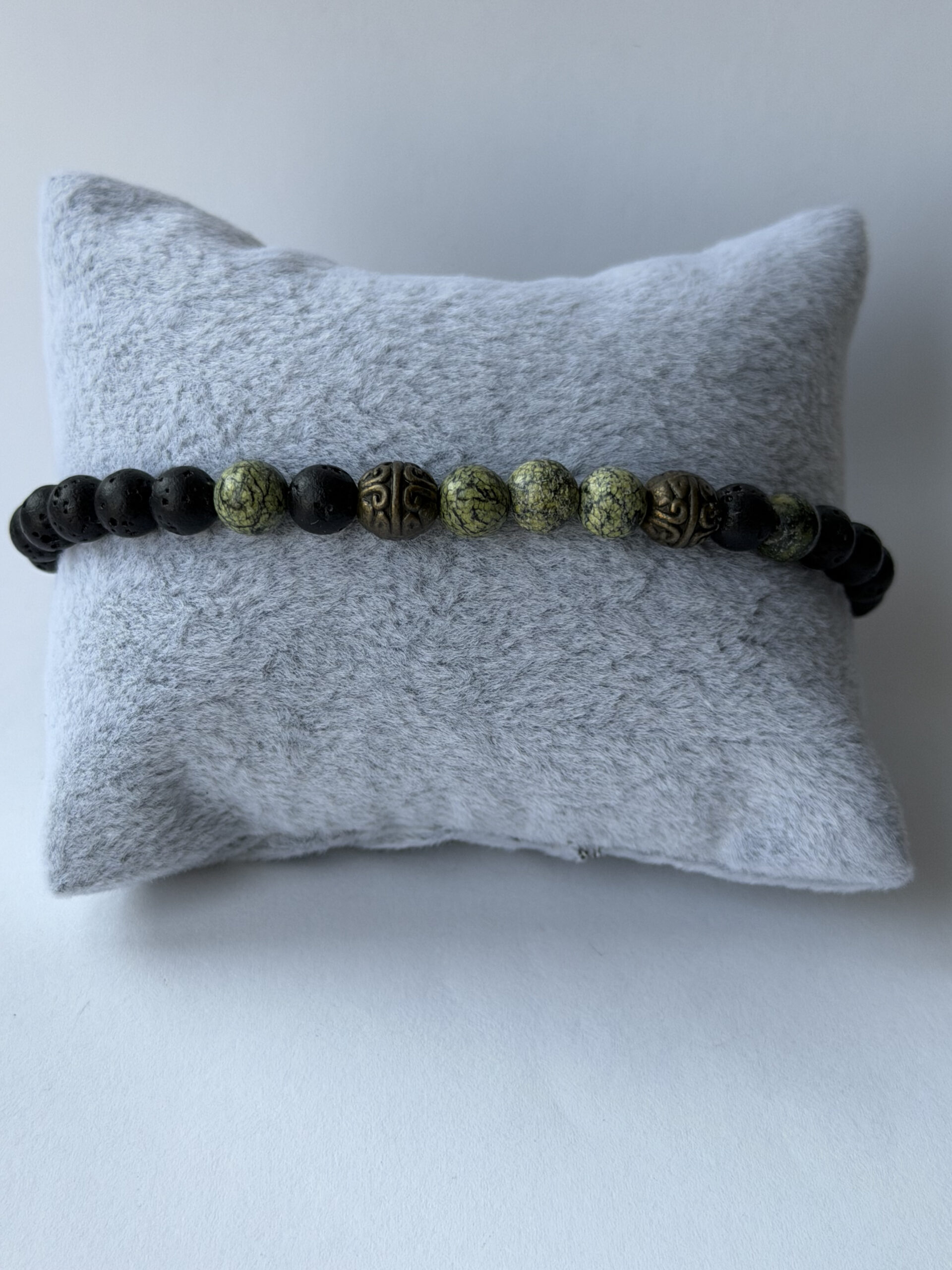 Lava Stone and Serpentine Stretch Bracelet for Men with Antique Bronze Beads — view 3