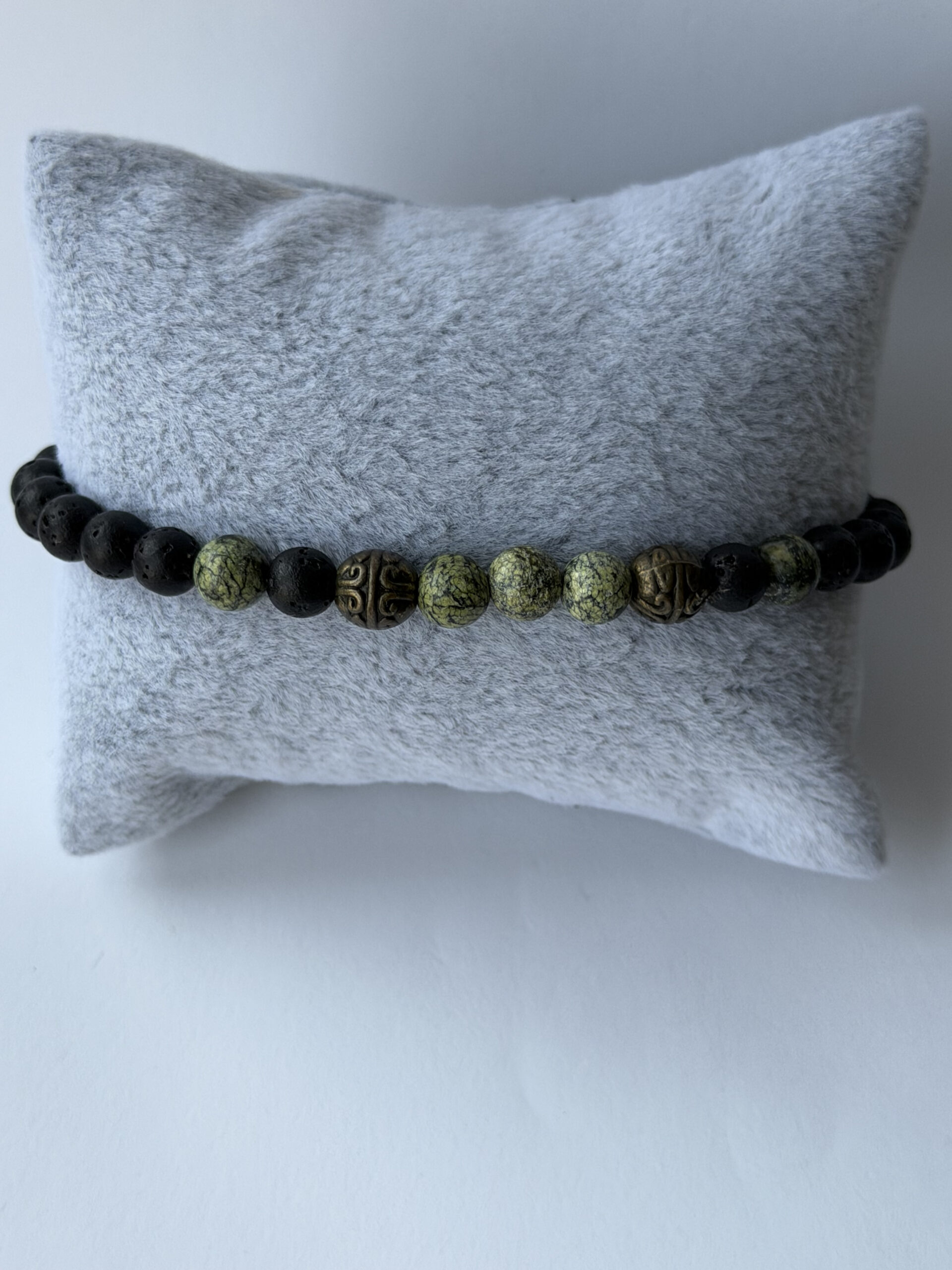 Lava Stone and Serpentine Stretch Bracelet for Men with Antique Bronze Beads — view 4