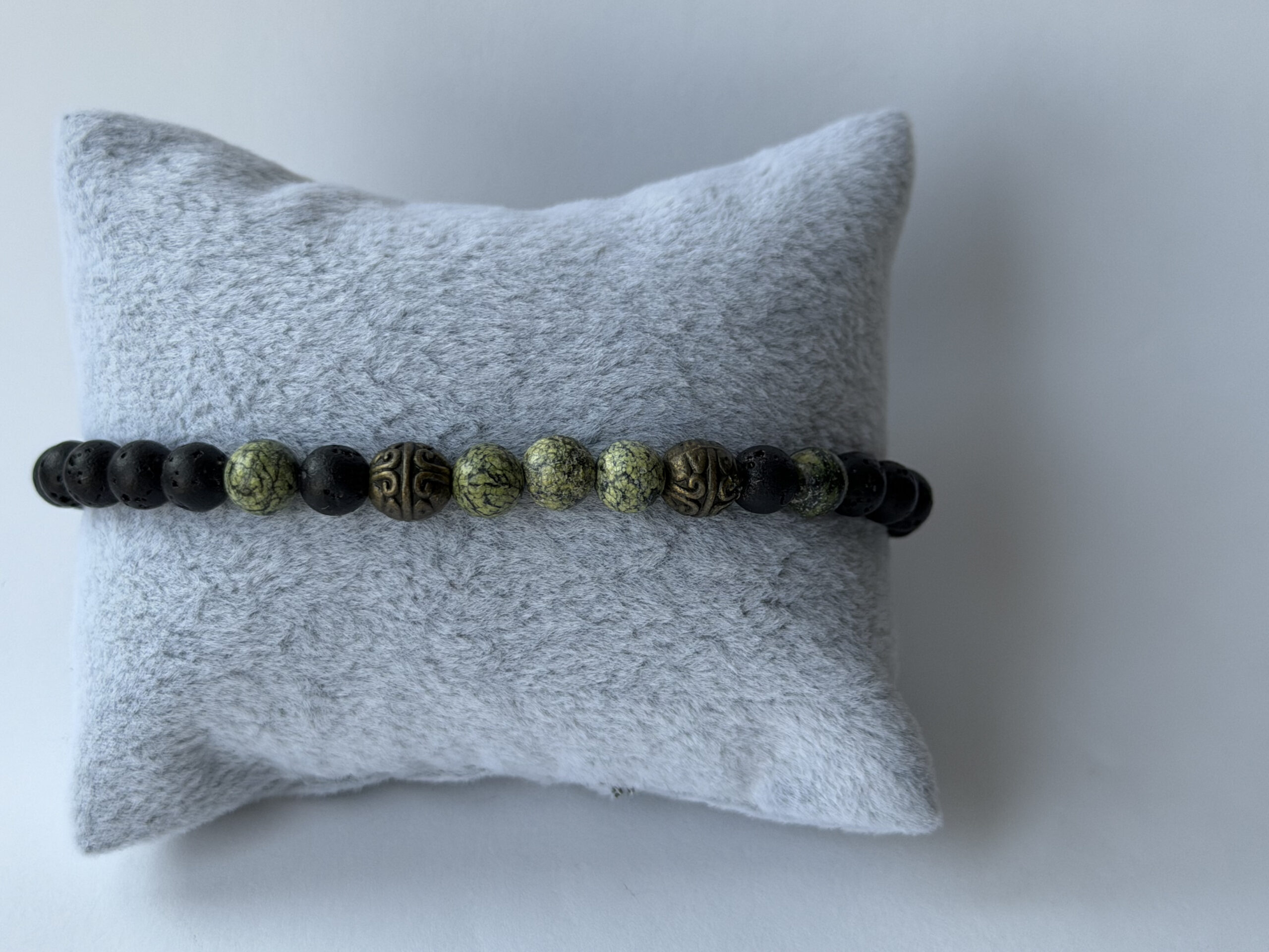 Lava Stone and Serpentine Stretch Bracelet for Men with Antique Bronze Beads — view 5