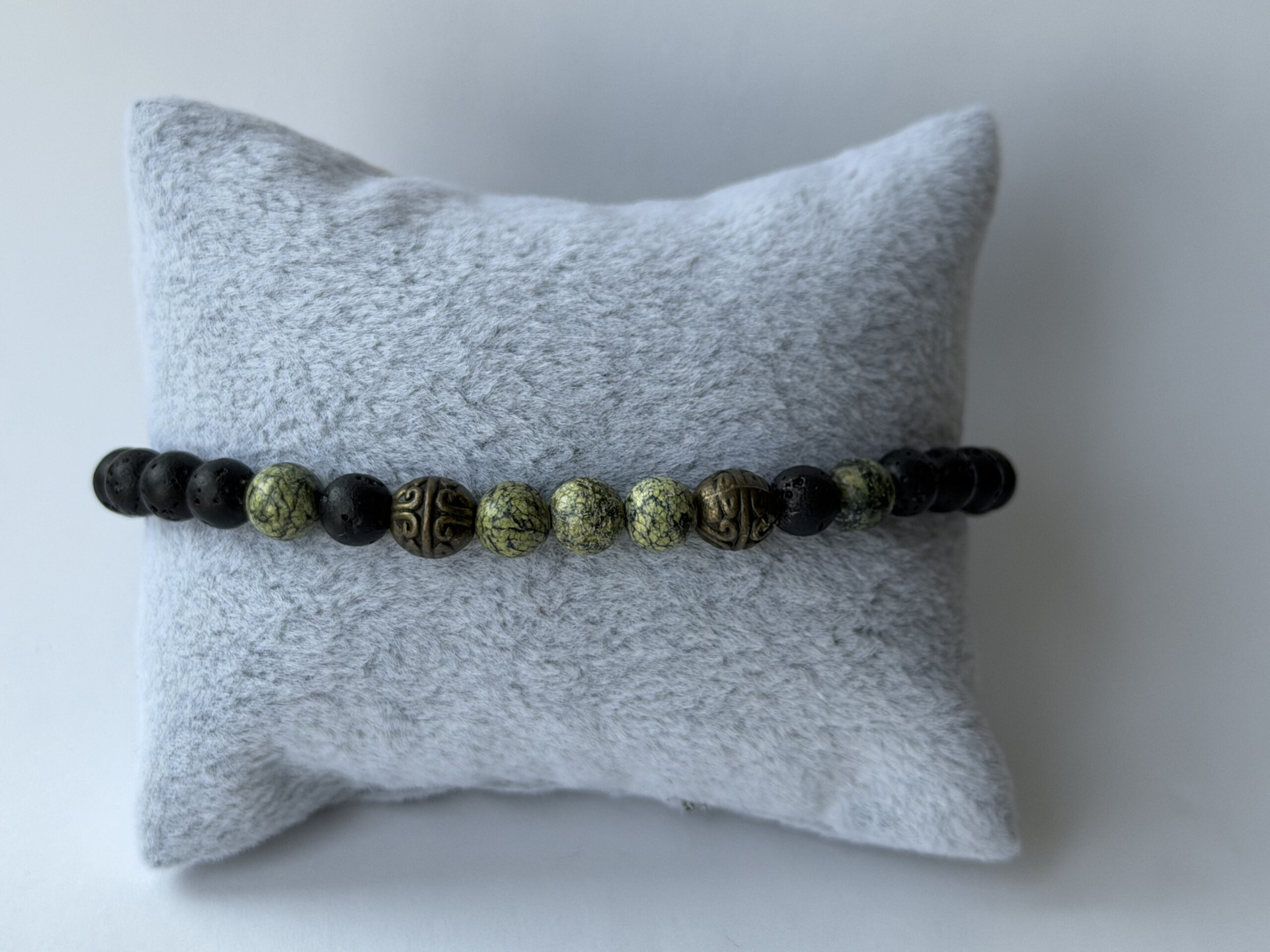 Lava Stone and Serpentine Stretch Bracelet for Men with Antique Bronze Beads — view 6