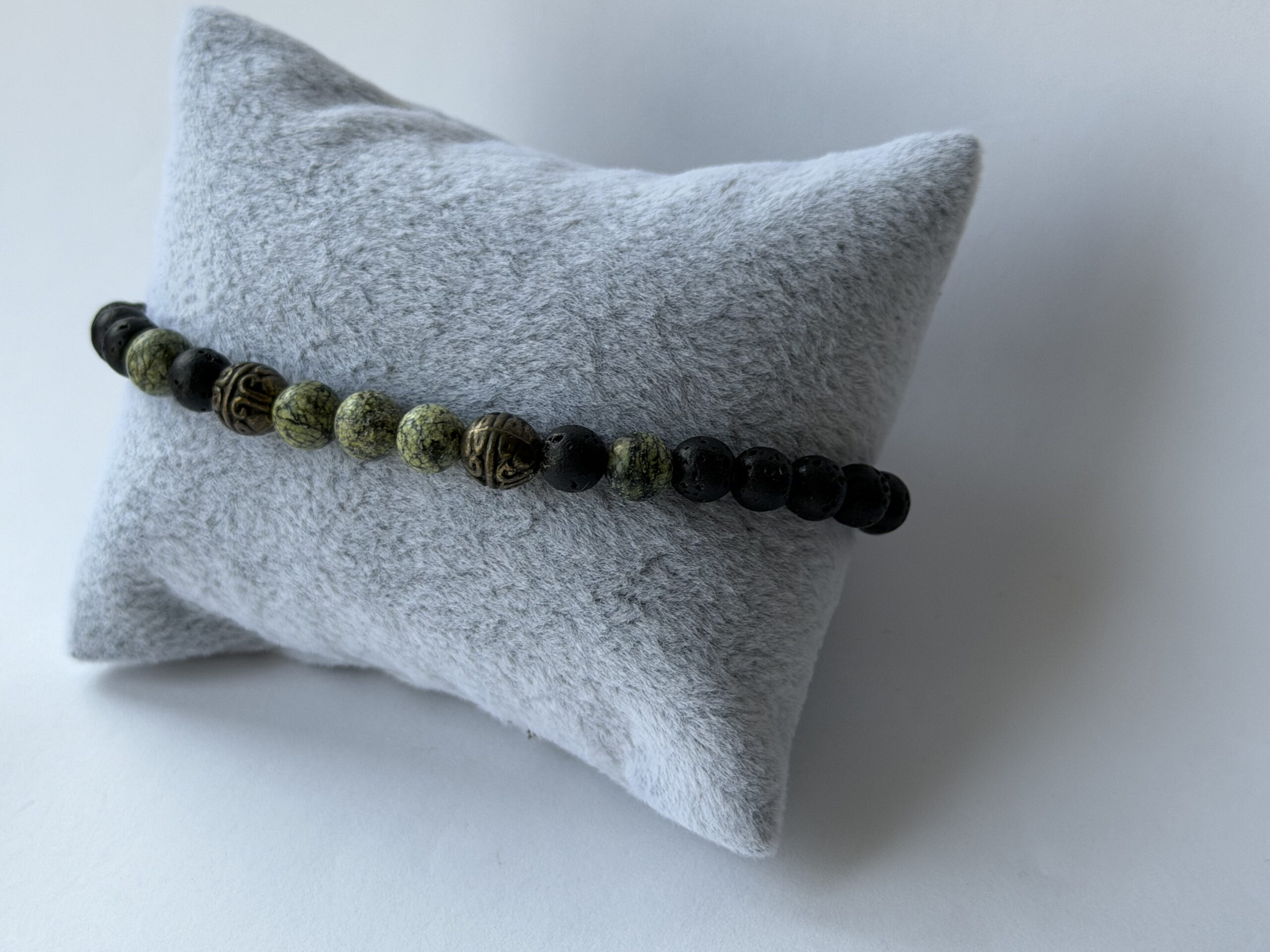 Lava Stone and Serpentine Stretch Bracelet for Men with Antique Bronze Beads — view 7