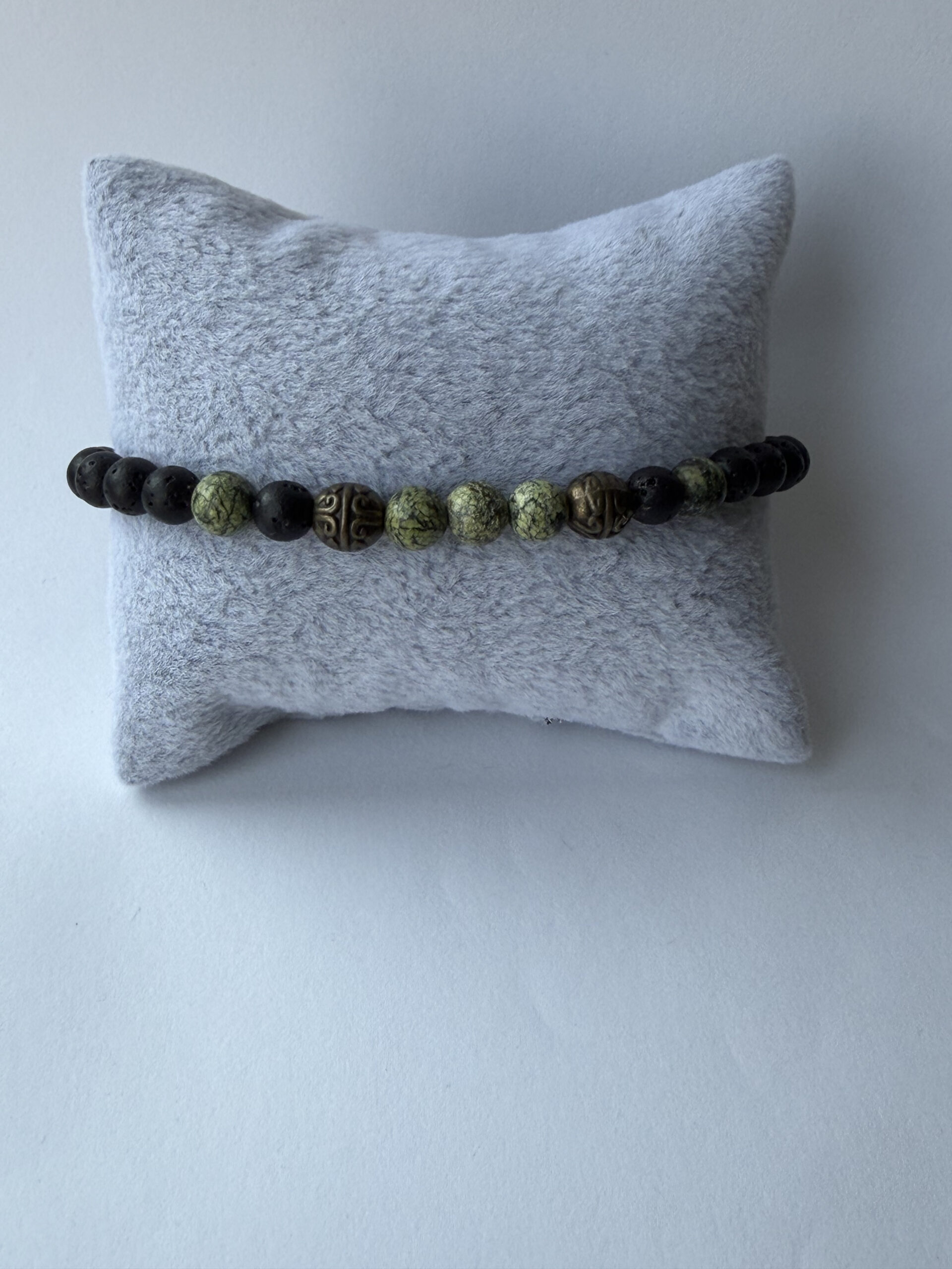 Lava Stone and Serpentine Stretch Bracelet for Men with Antique Bronze Beads — view 8