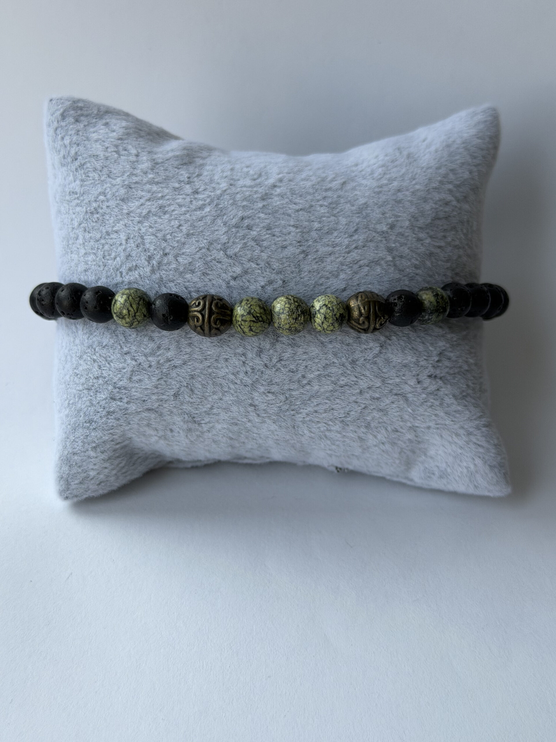 Lava Stone and Serpentine Stretch Bracelet for Men with Antique Bronze Beads — view 9