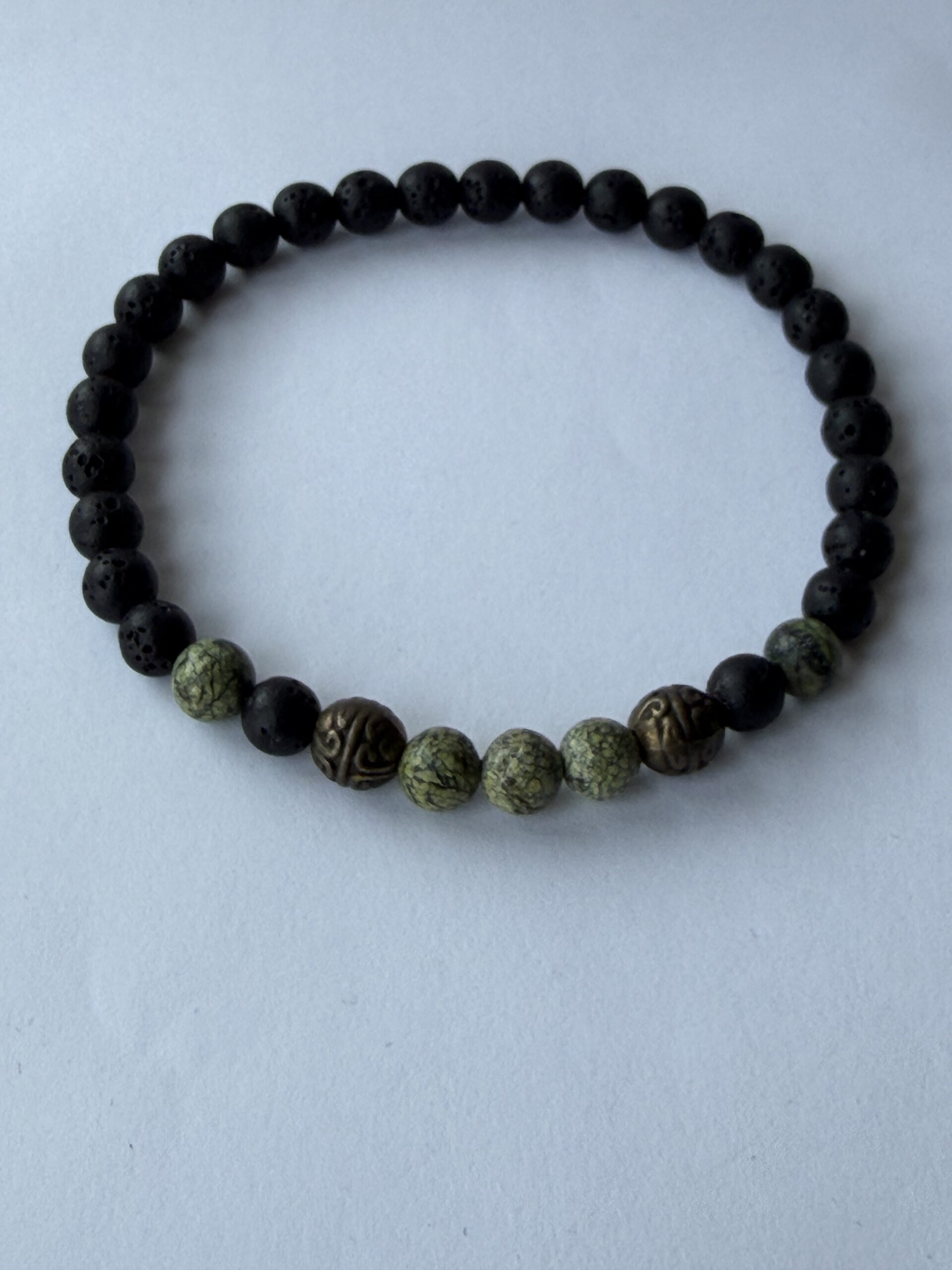 Lava Stone and Serpentine Stretch Bracelet for Men with Antique Bronze Beads — view 10